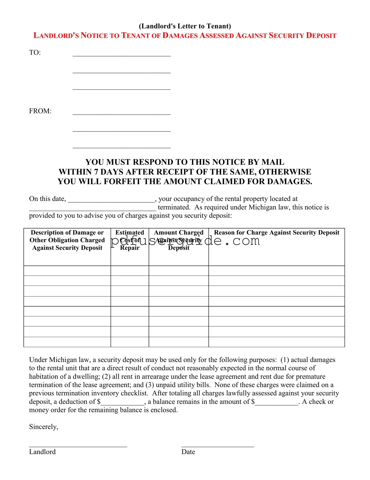 Free Landlord Damages Letter Form in PDF