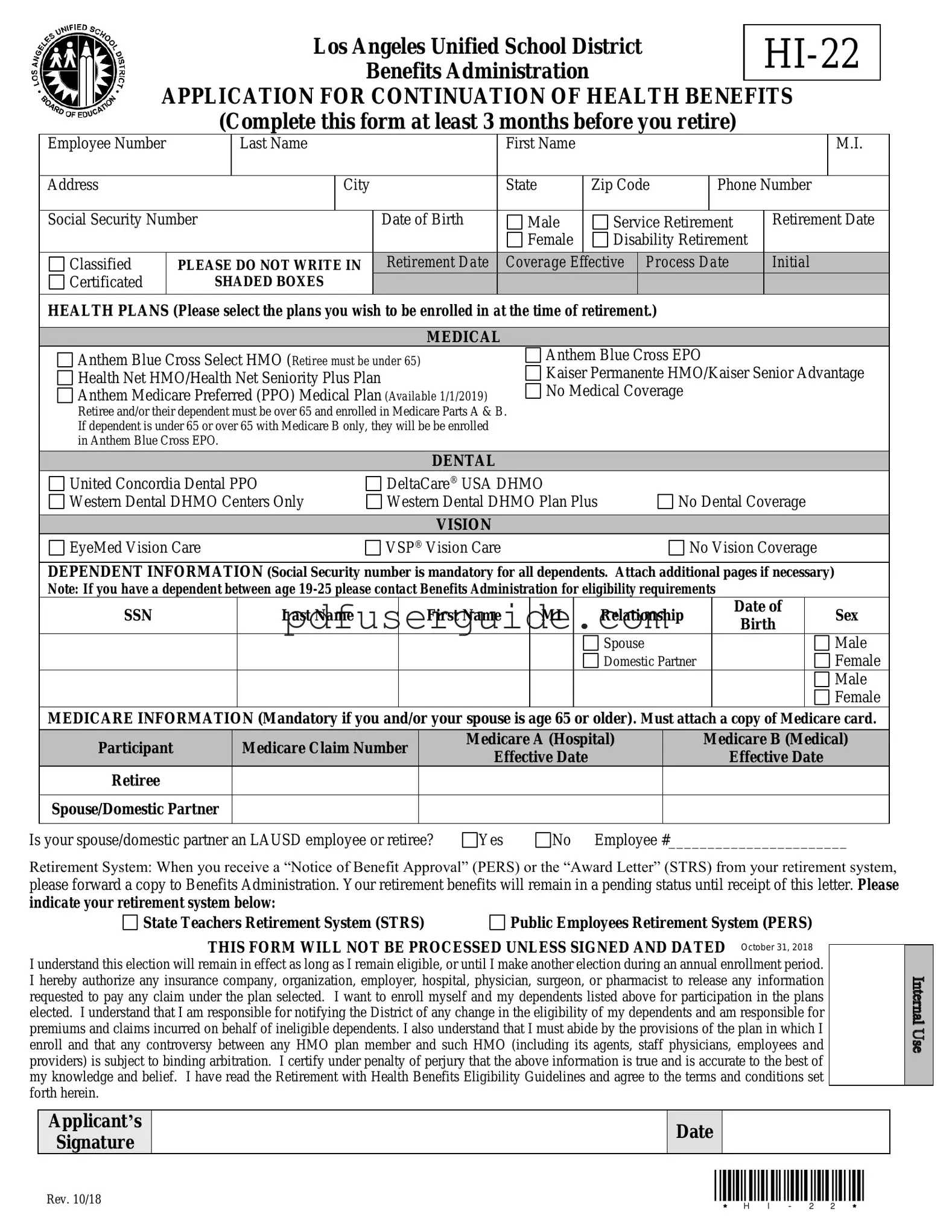Free Lausd Hi 22 Form in PDF