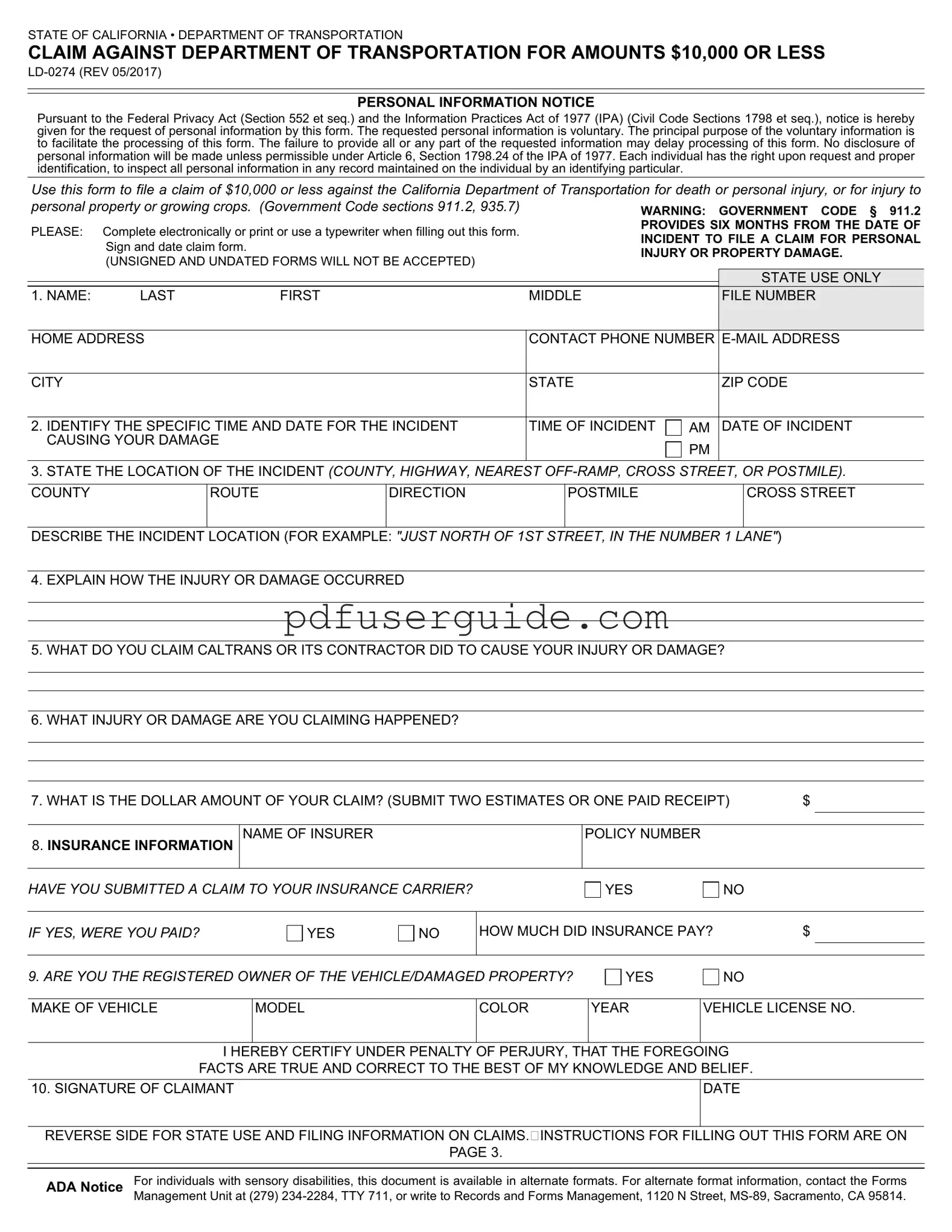 Free Ld 0274 Form in PDF