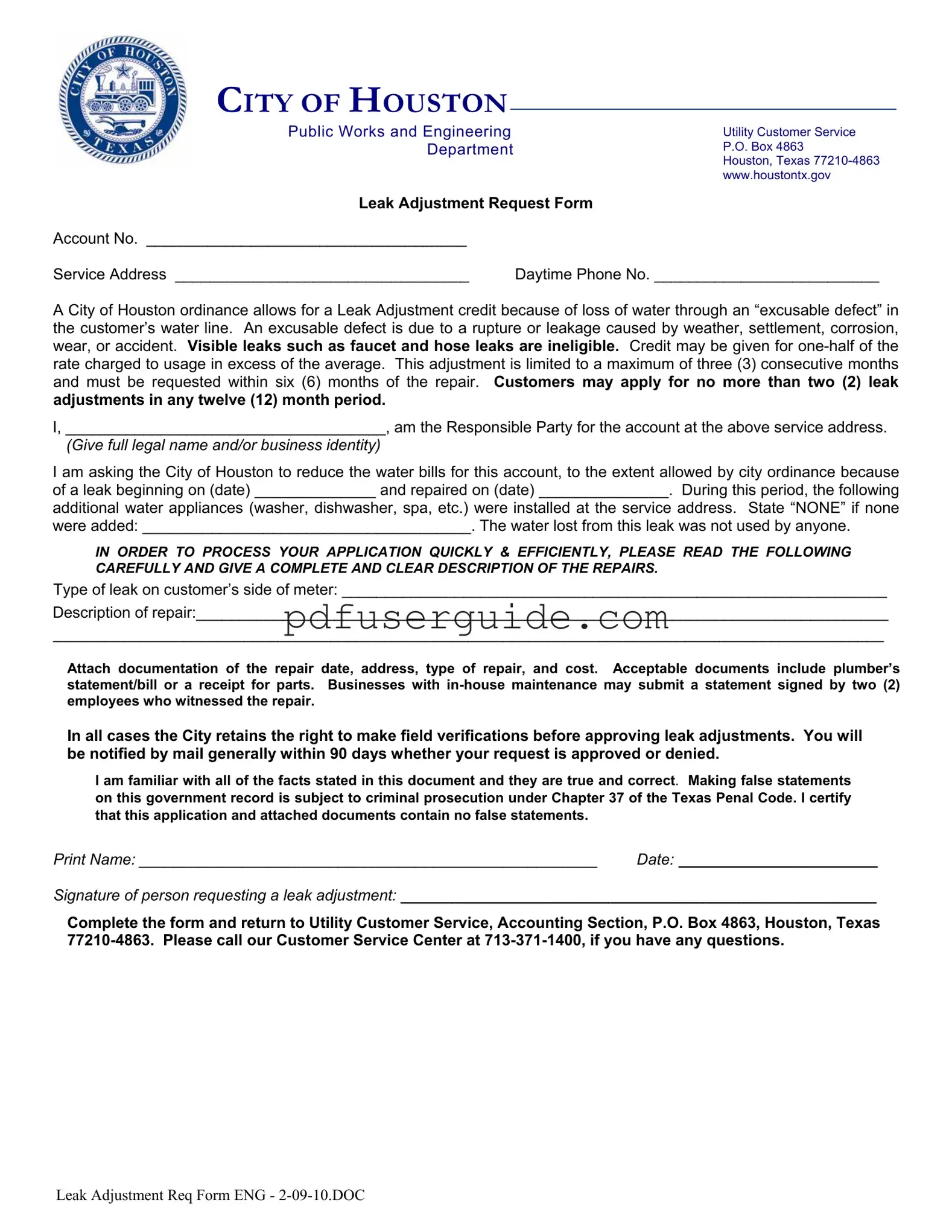Free Leak Adjustment Form in PDF