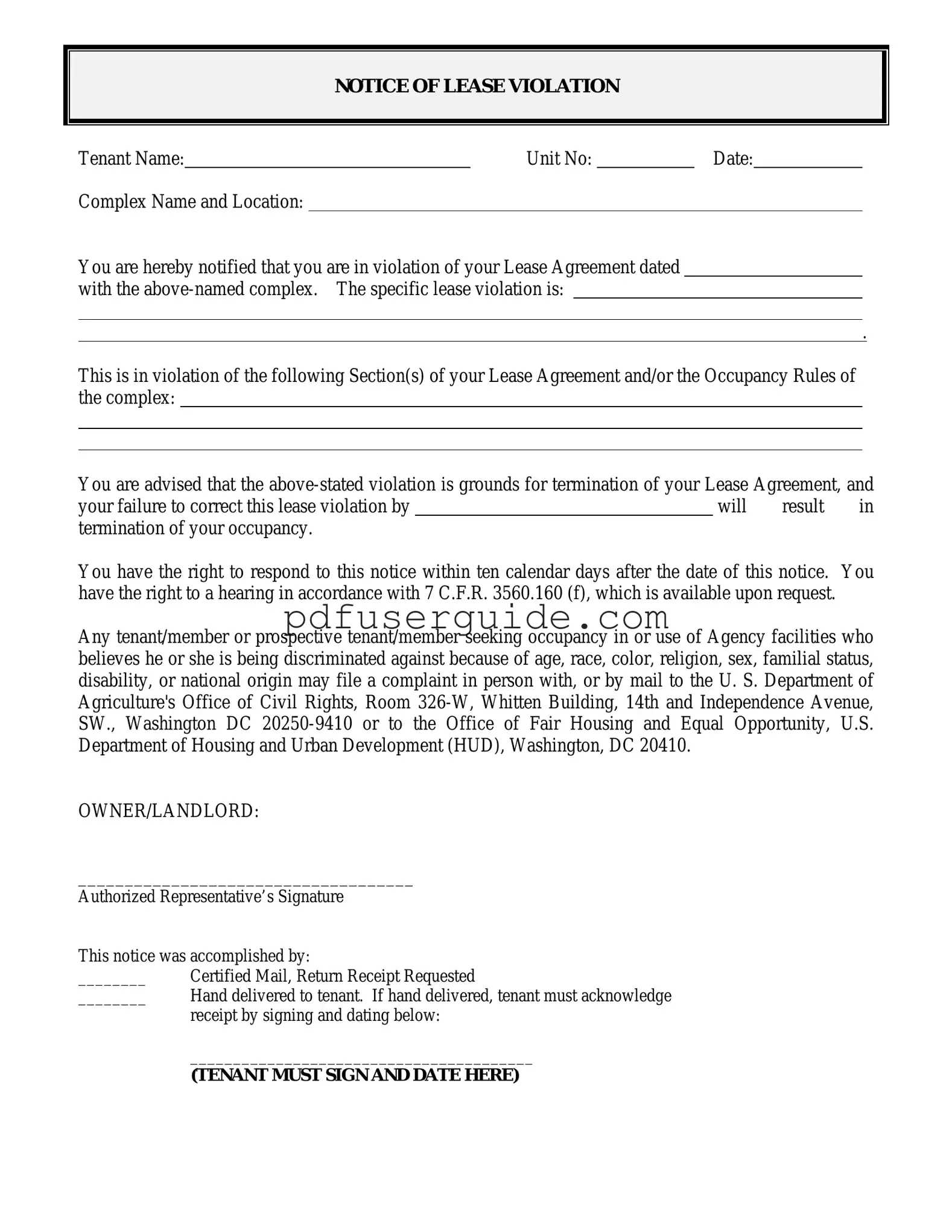 Free Lease Violation Form in PDF