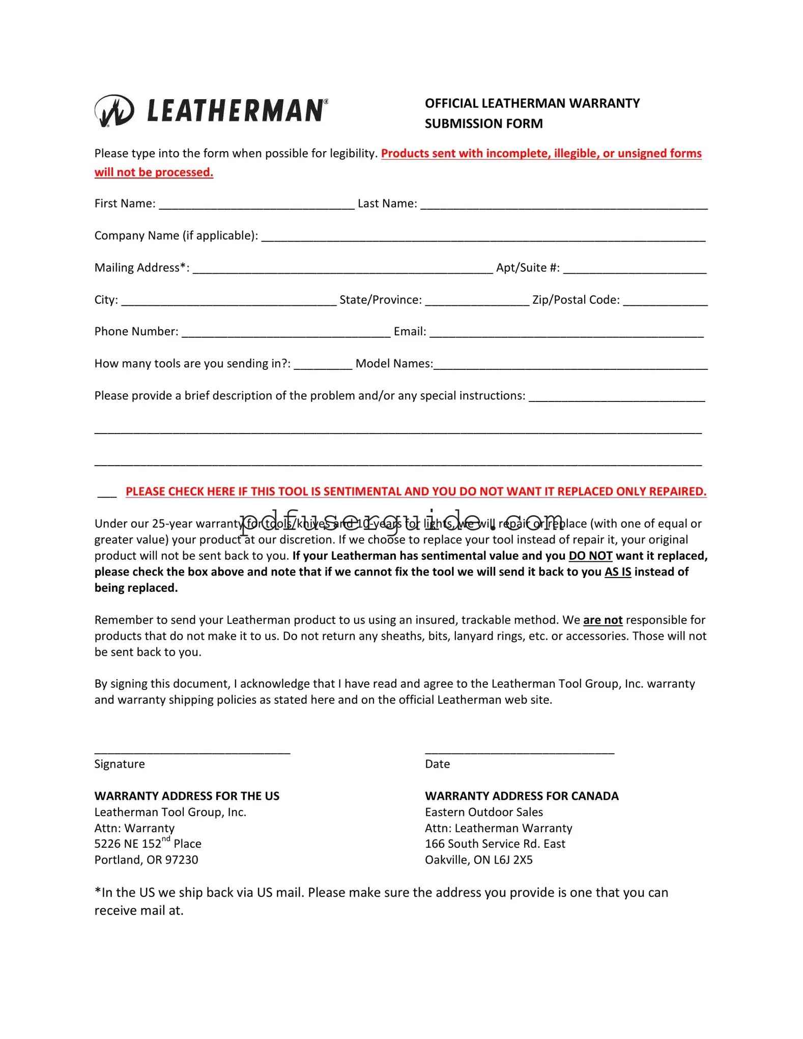 Free Leatherman Warranty Form in PDF