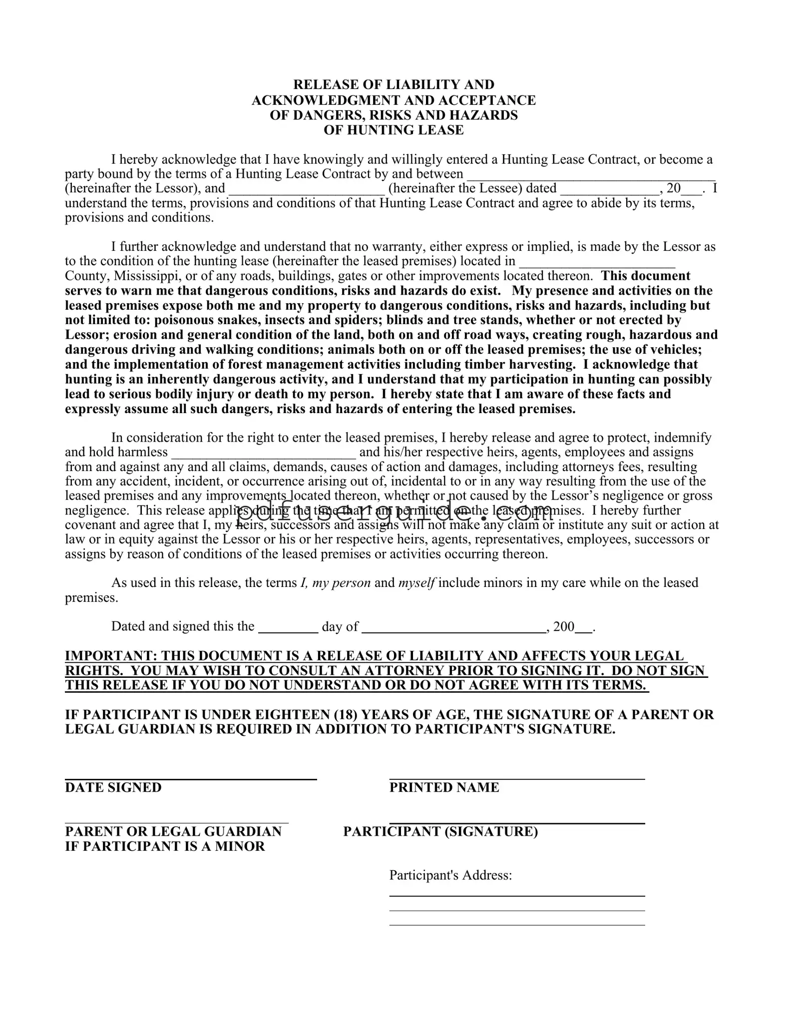 Free Liability Hunting Form in PDF