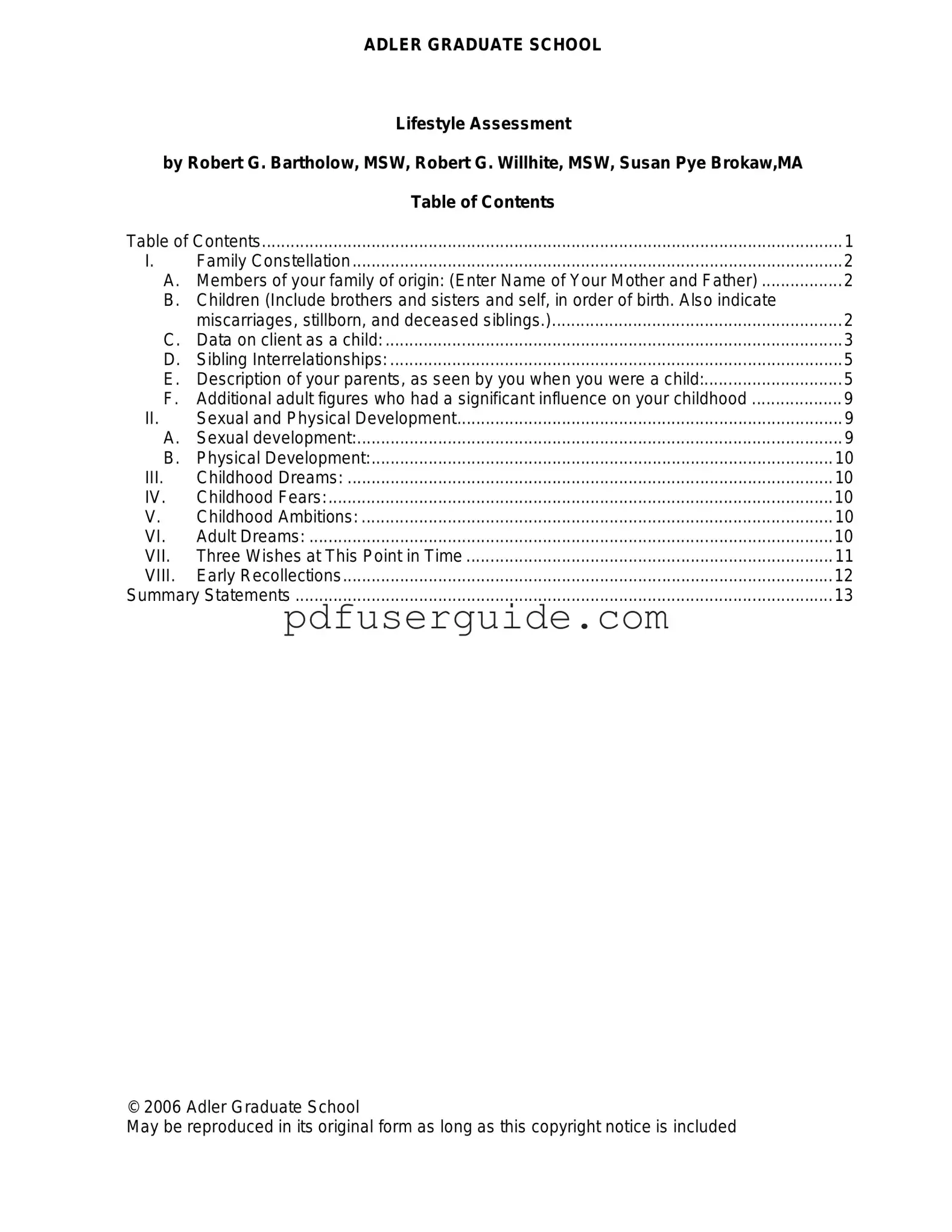 Free Lifestyle Assessment Adlerian Form in PDF