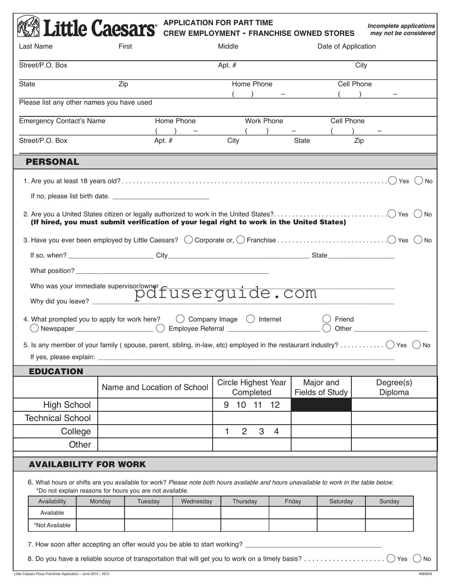 Free Little Caesars Job Application Form in PDF