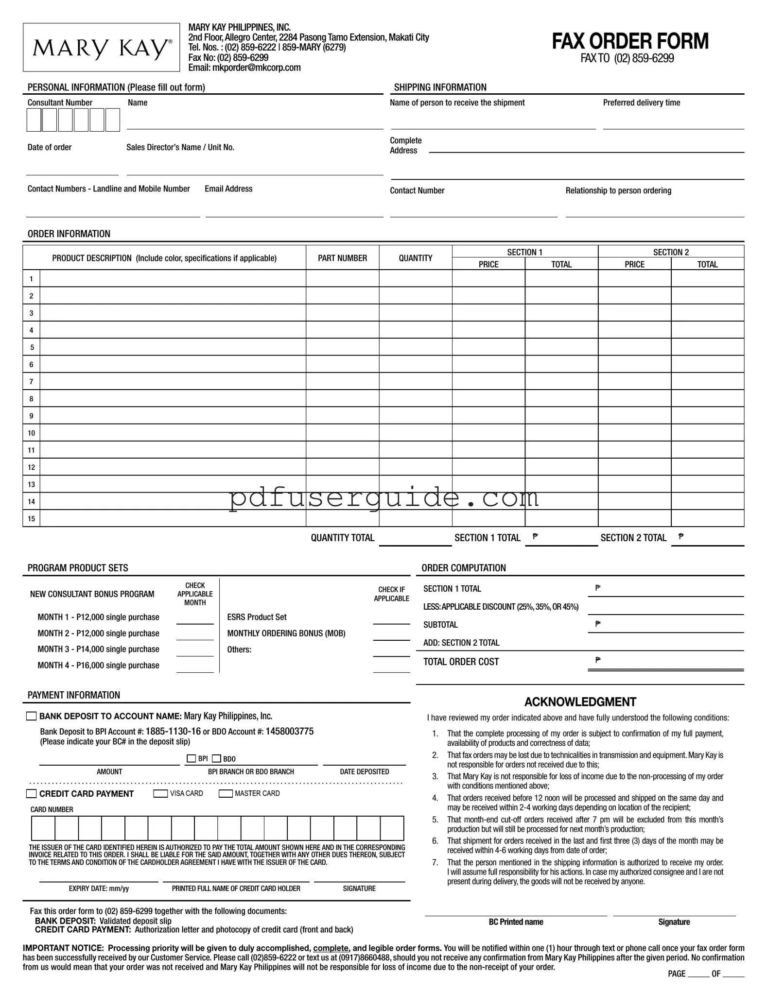 Free Mary Kay Order Form in PDF