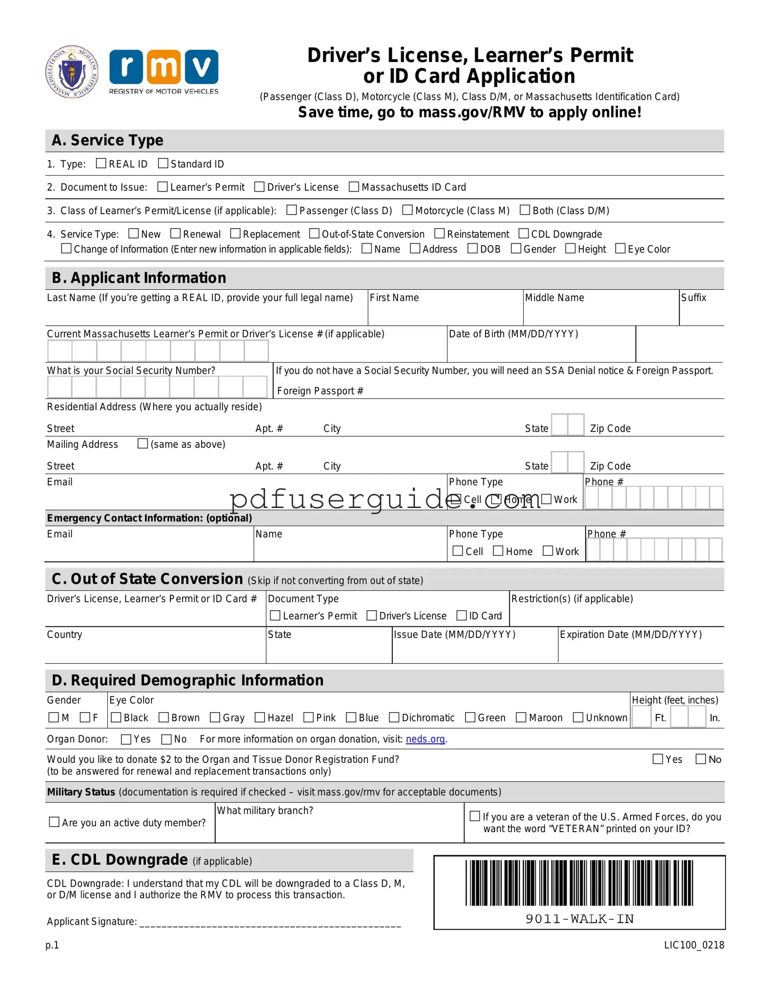 Free Massachusetts Id Application Form in PDF