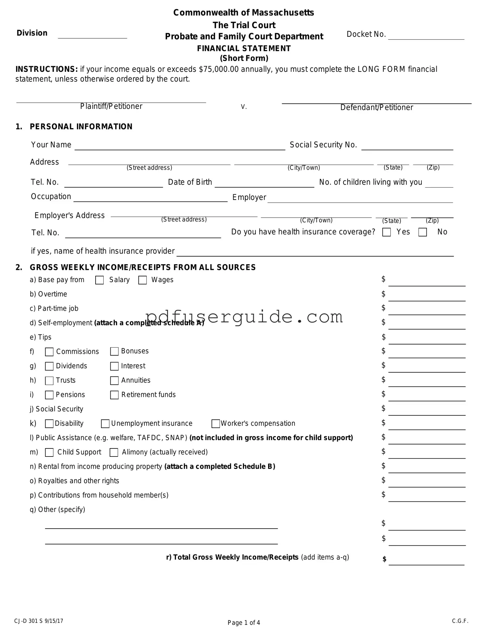 Free Massachusetts Short Financial Statement Form in PDF
