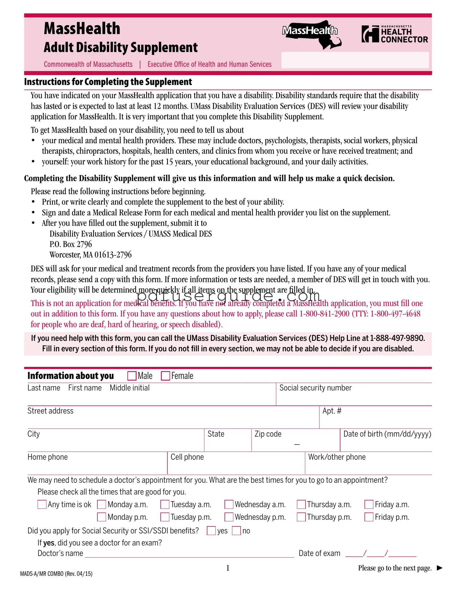 Free Masshealth Form in PDF