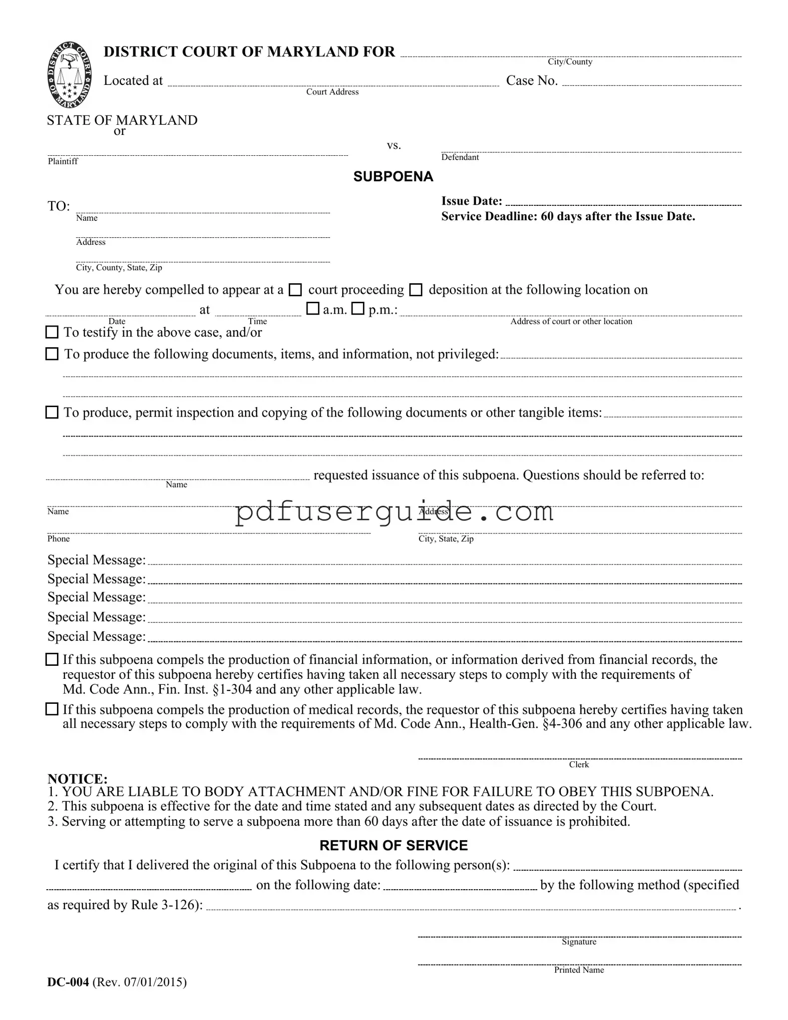 Free Md Subpoena Form in PDF