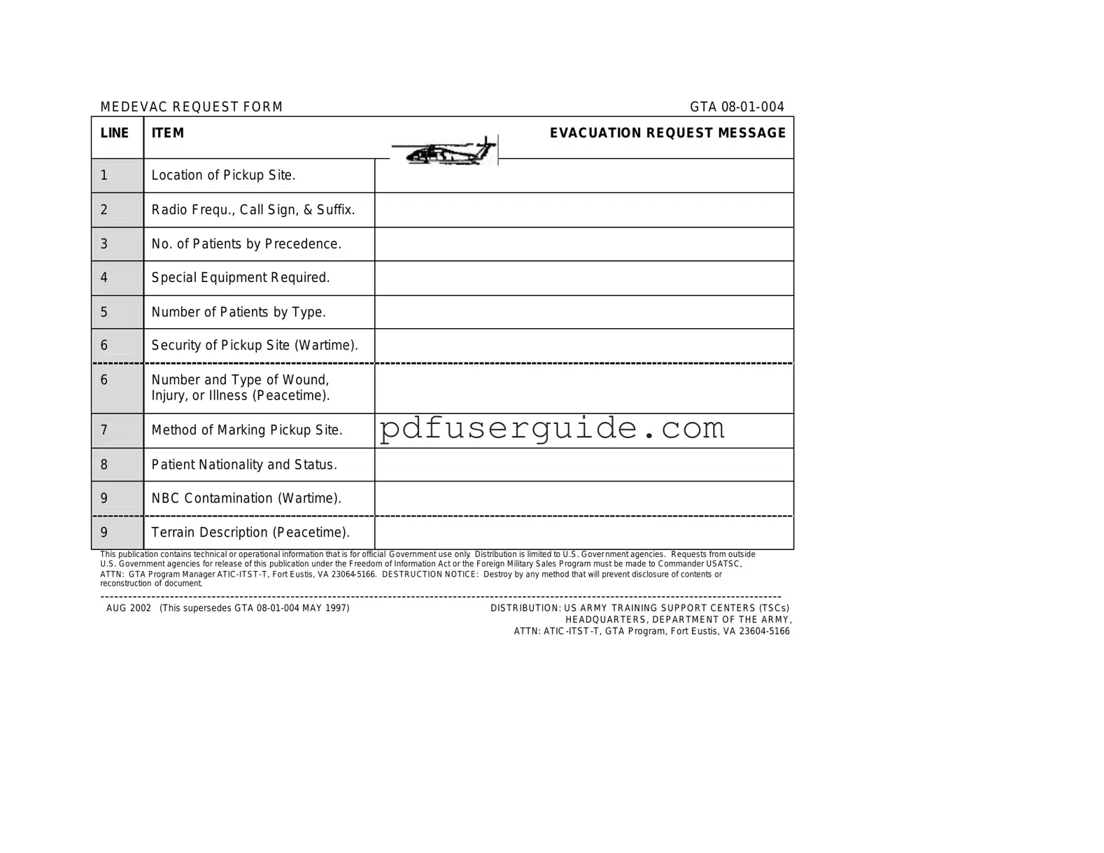 Free Medevac request form GTA 08-01-004 Form in PDF
