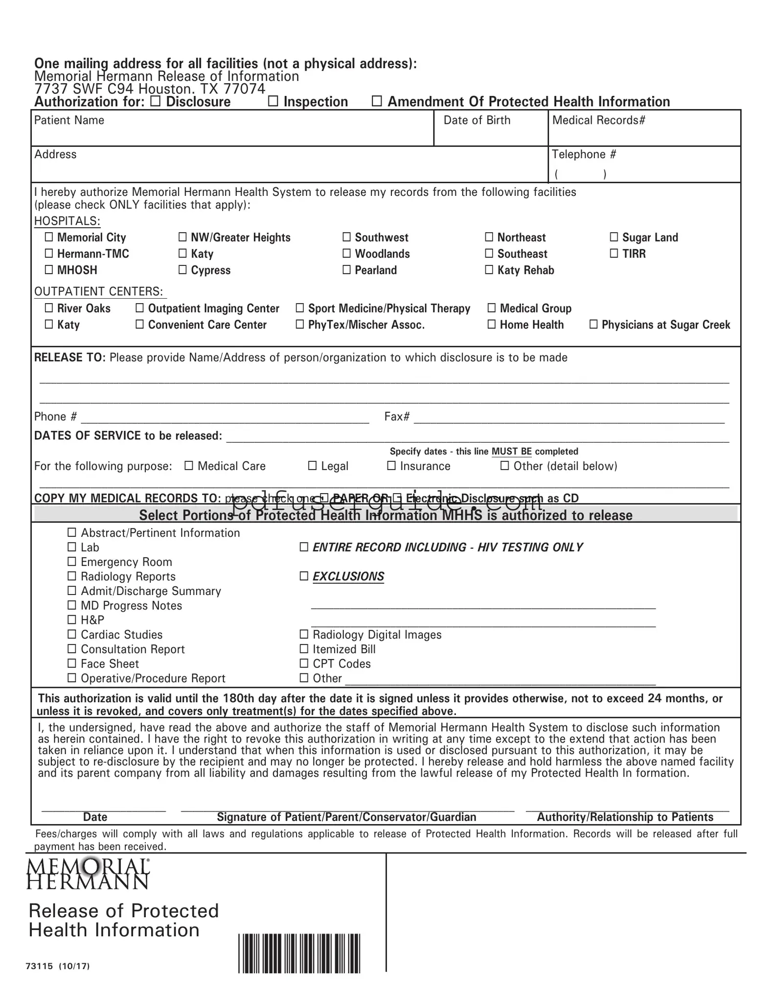 Free Memorial Hermann Release Form in PDF