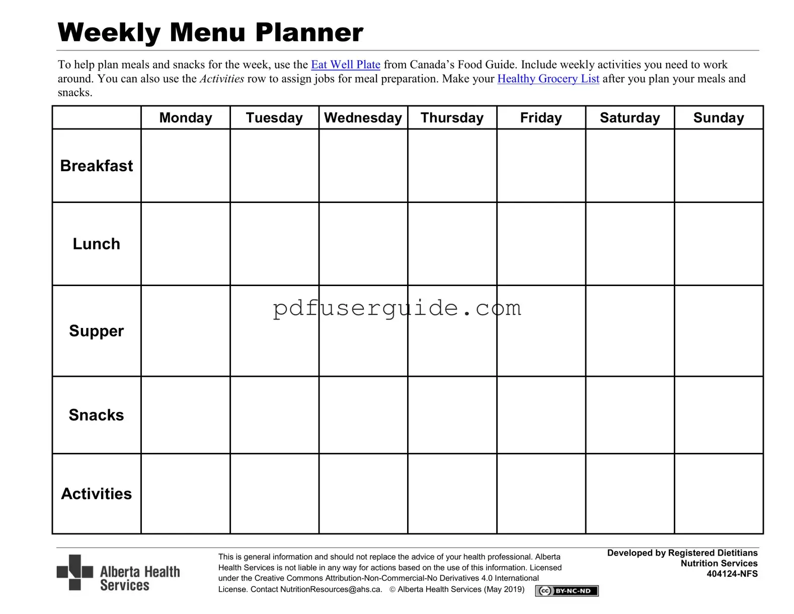 Free Menu Form in PDF