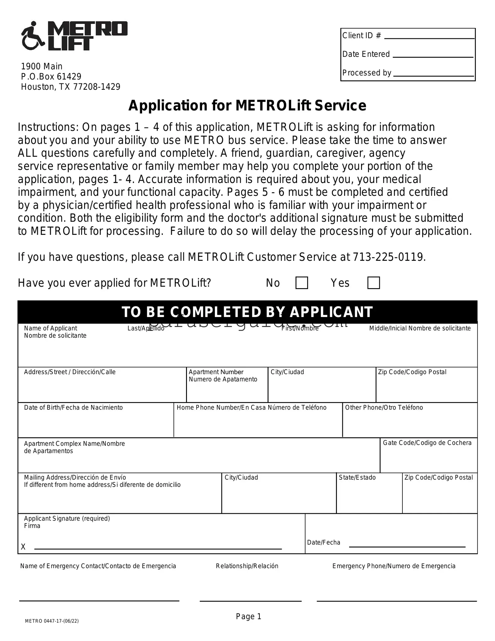 Free Metrolift Application Form in PDF