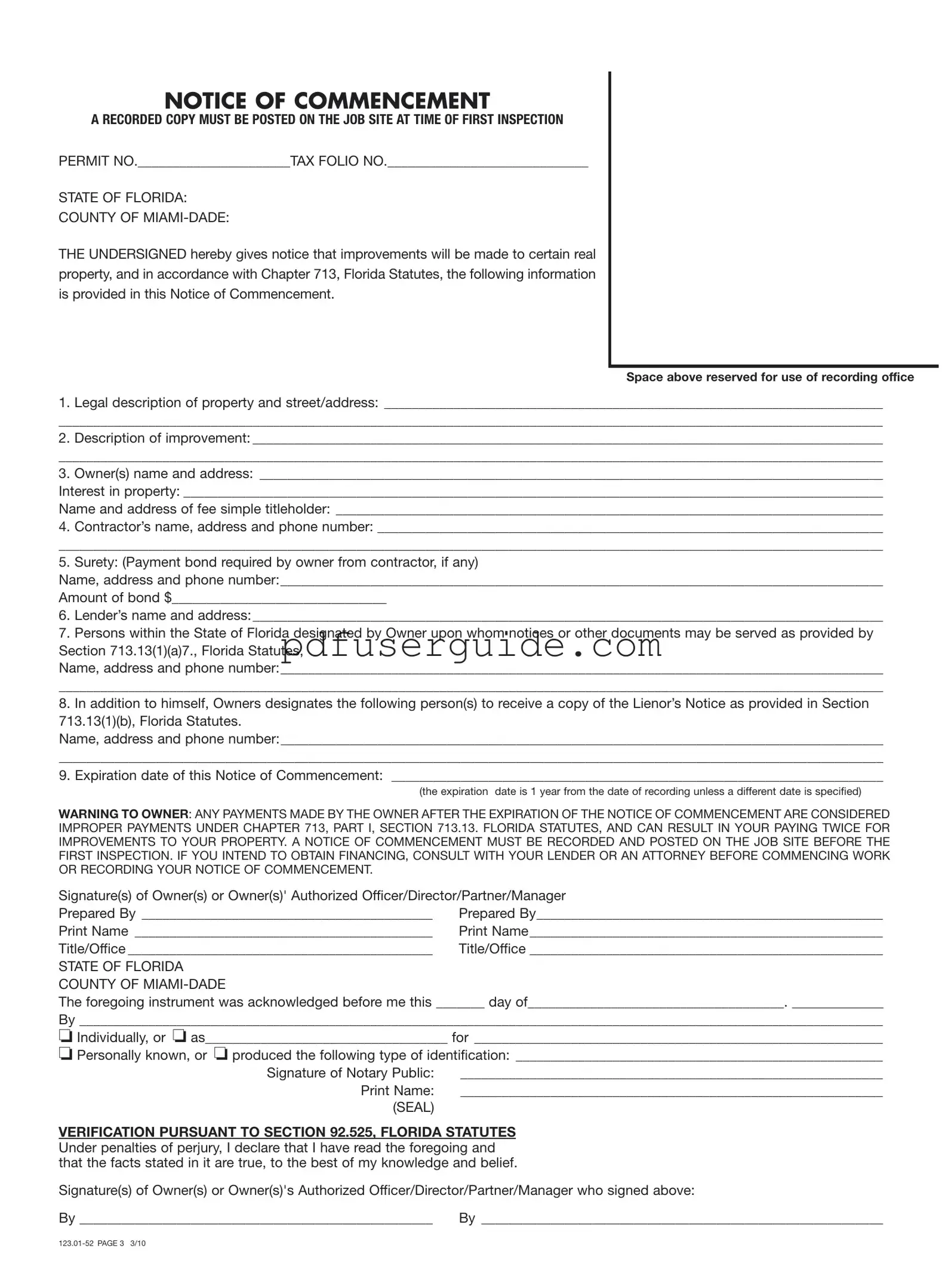 Free Miami Dade Notice Of Commencement Form in PDF