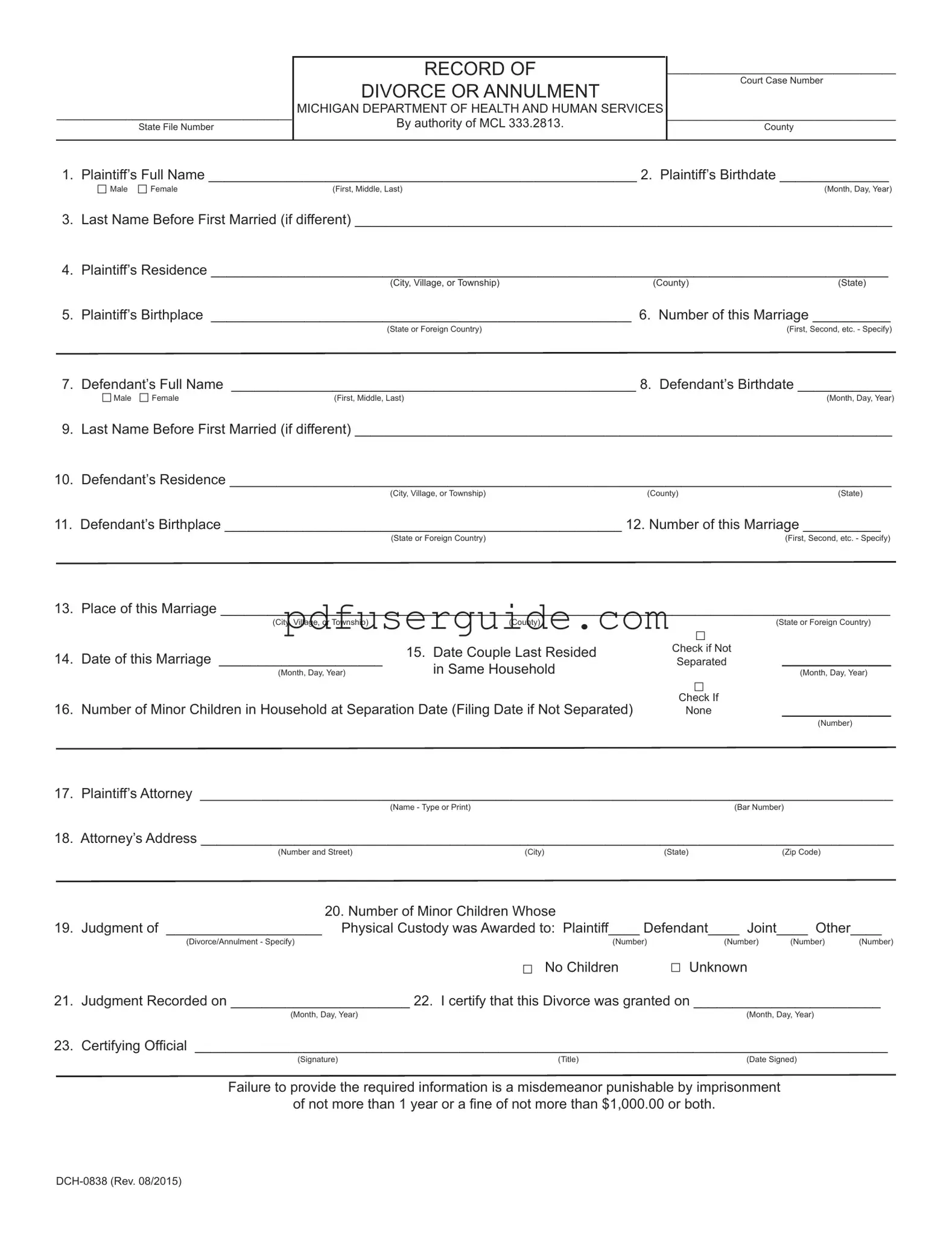 Free Michigan Dch 0838 Form in PDF