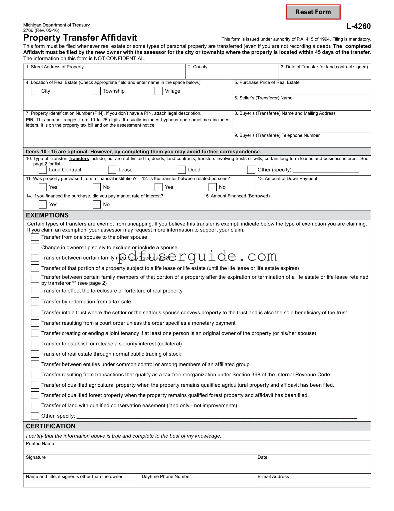 Free Michigan Property Transfer Affidavit 2766 Form in PDF