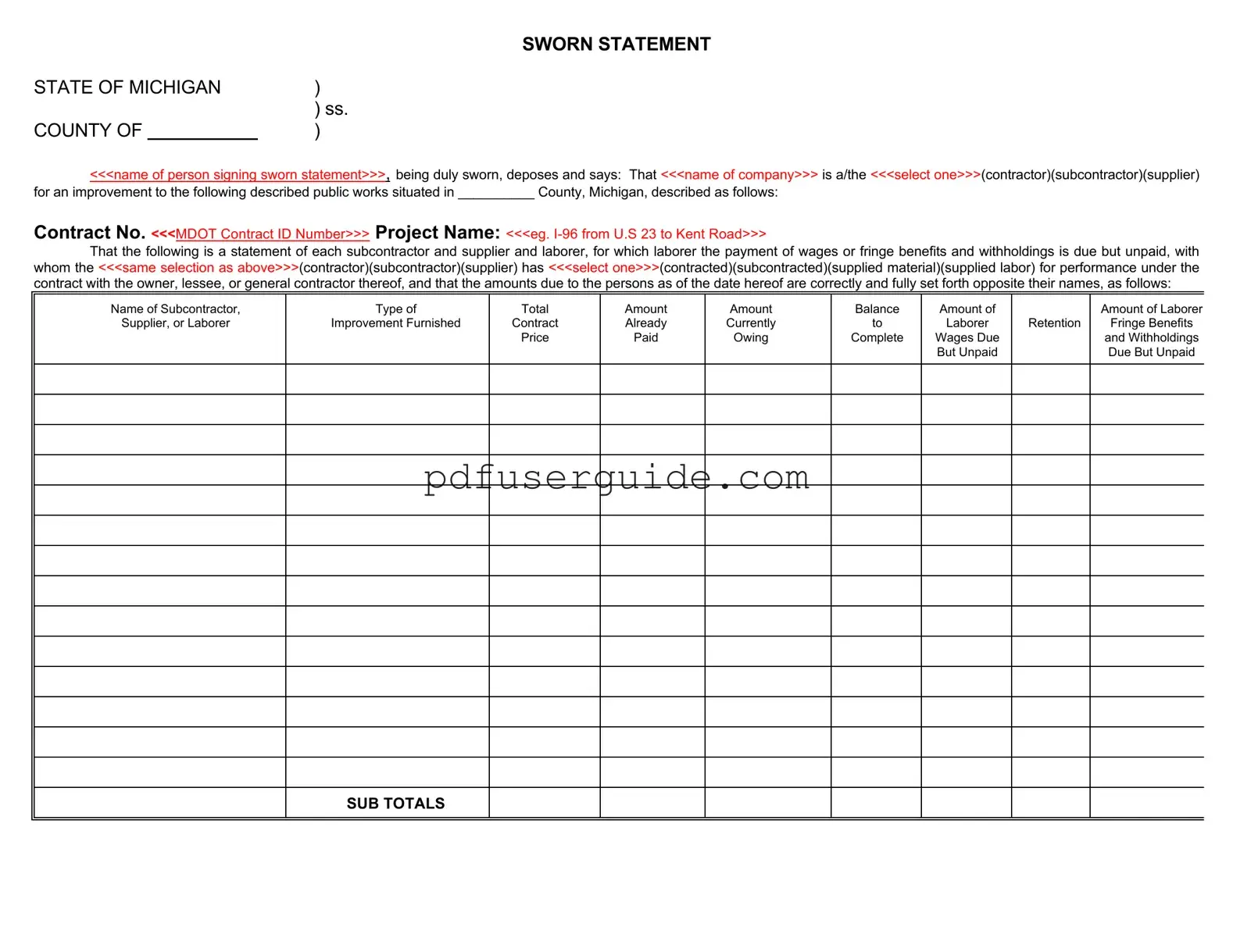 Free Michigan Sworn Statement Form in PDF