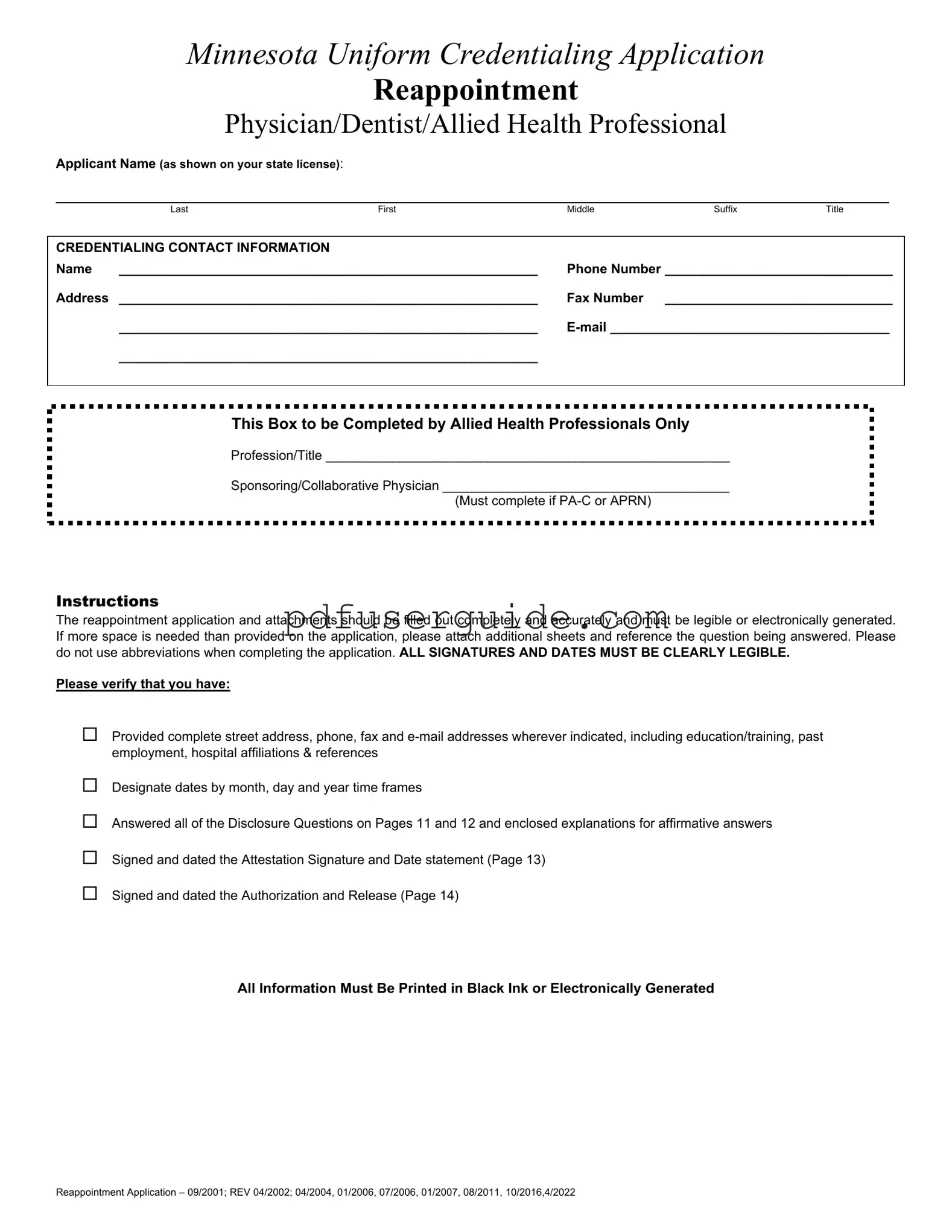 Free Minnesota Uniform Credentialing Application Form in PDF