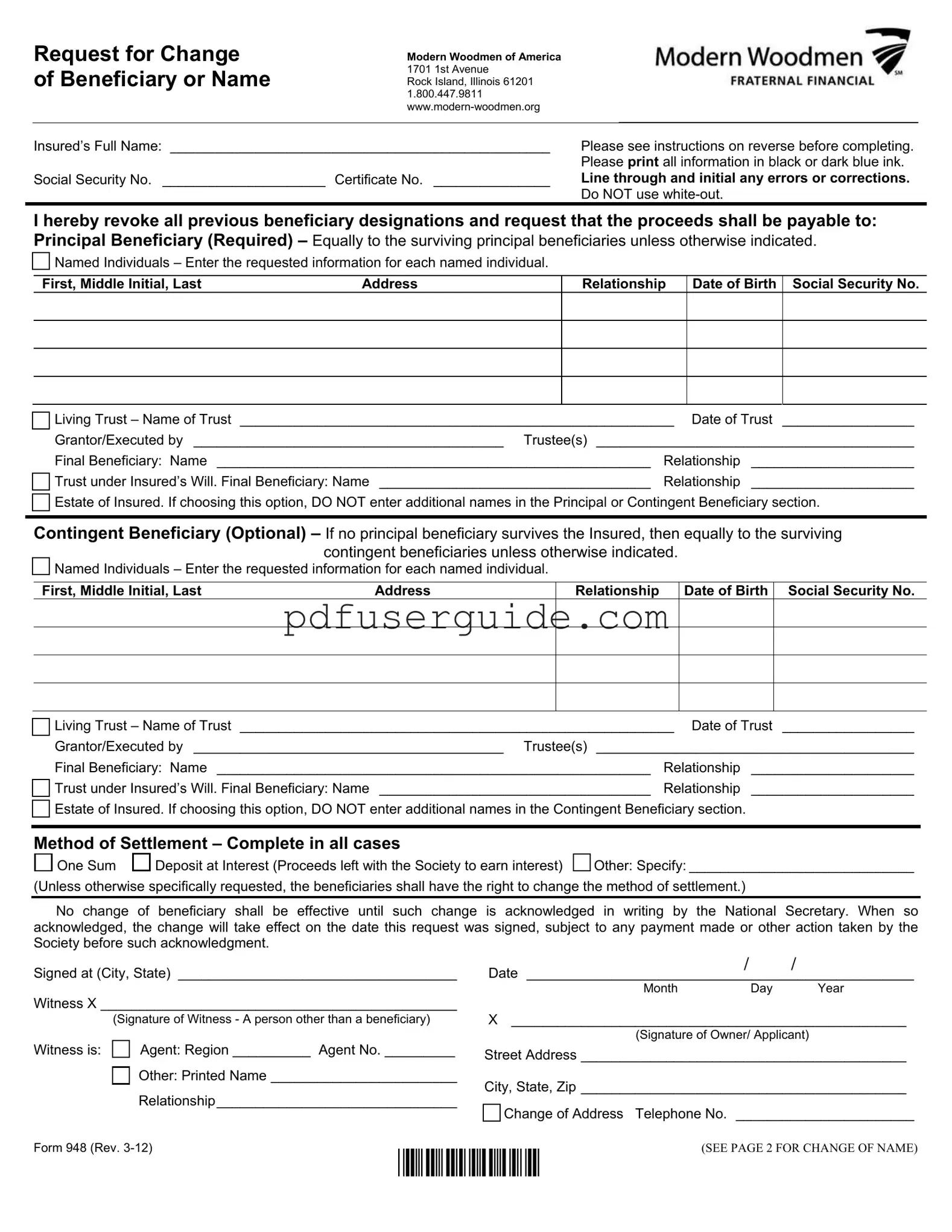 Free Modern Woodmen 948 Form in PDF