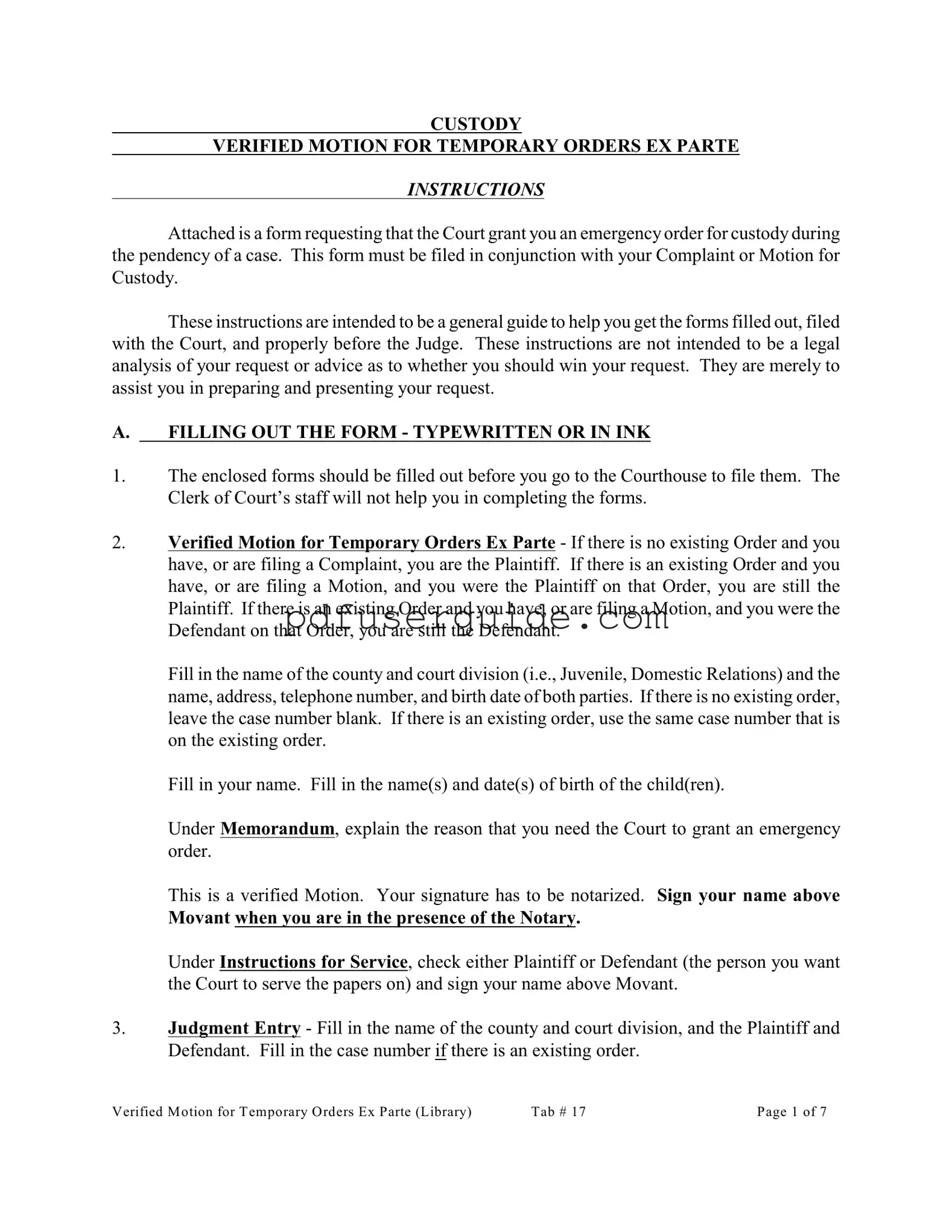 Free Ex Parte Temporary Custody Order Ohio Form in PDF