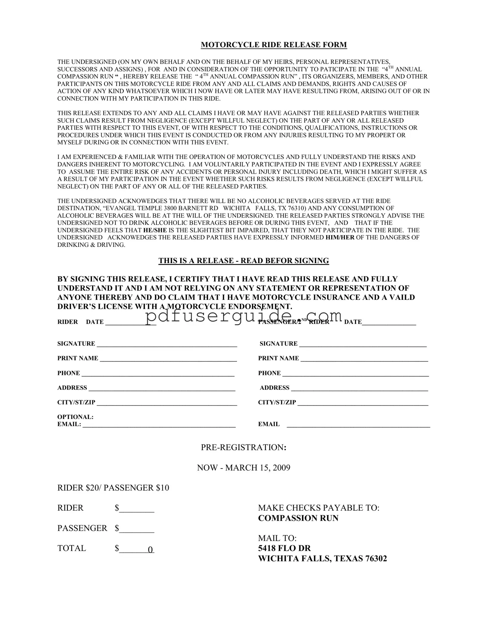 Free Motorcycle Charity Form in PDF