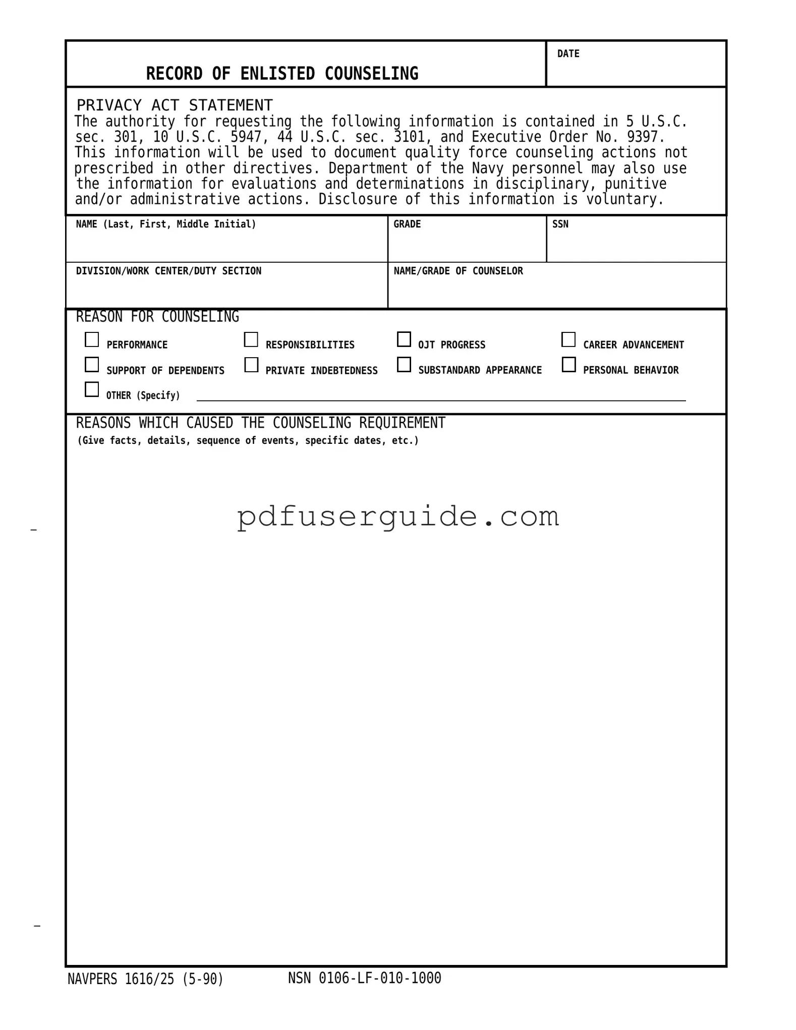 Free Navpers 1616 25 Form in PDF