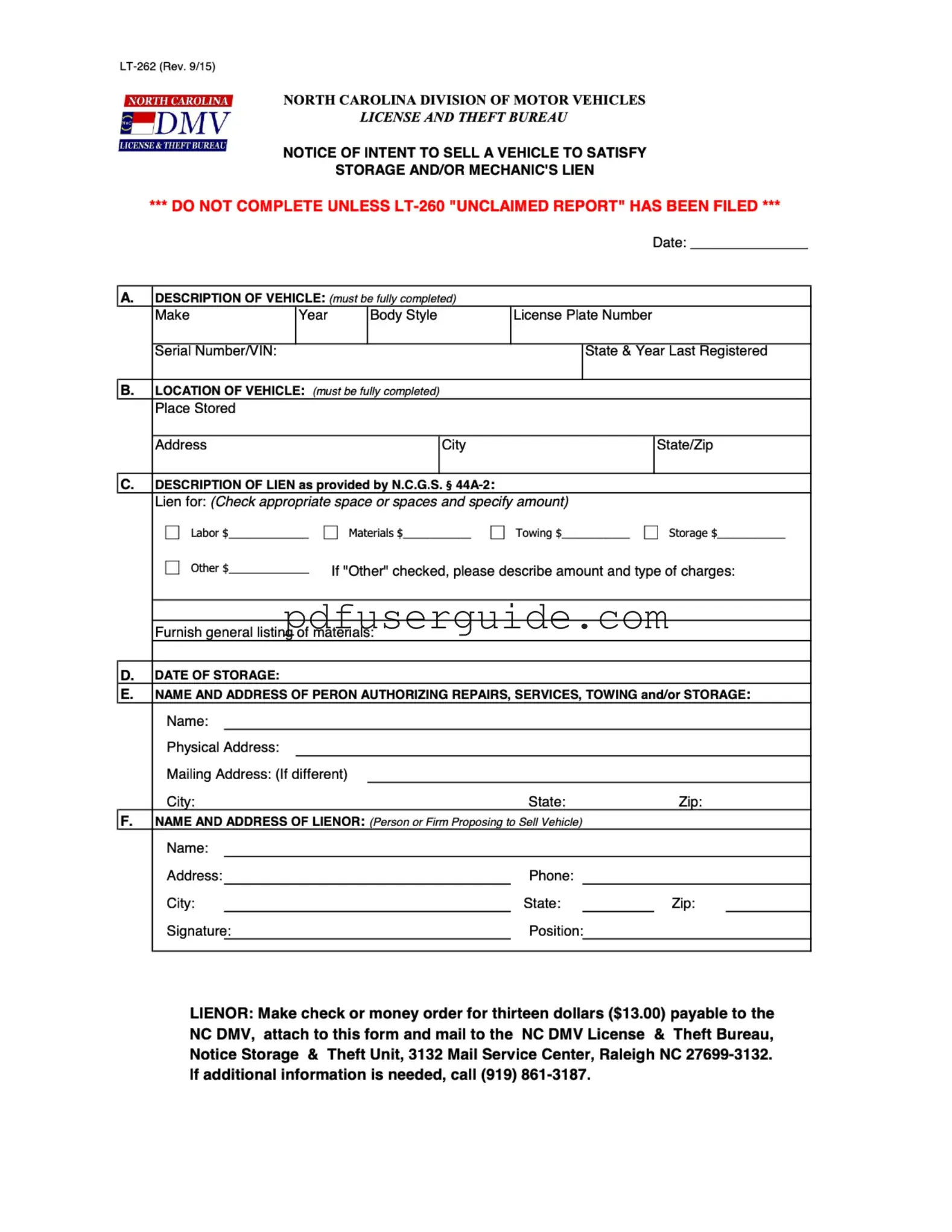 Free Nc Lt 262 Form in PDF