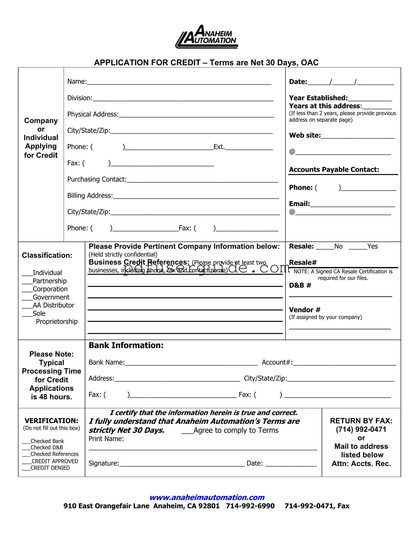 Free Net 30 Terms Order Form in PDF