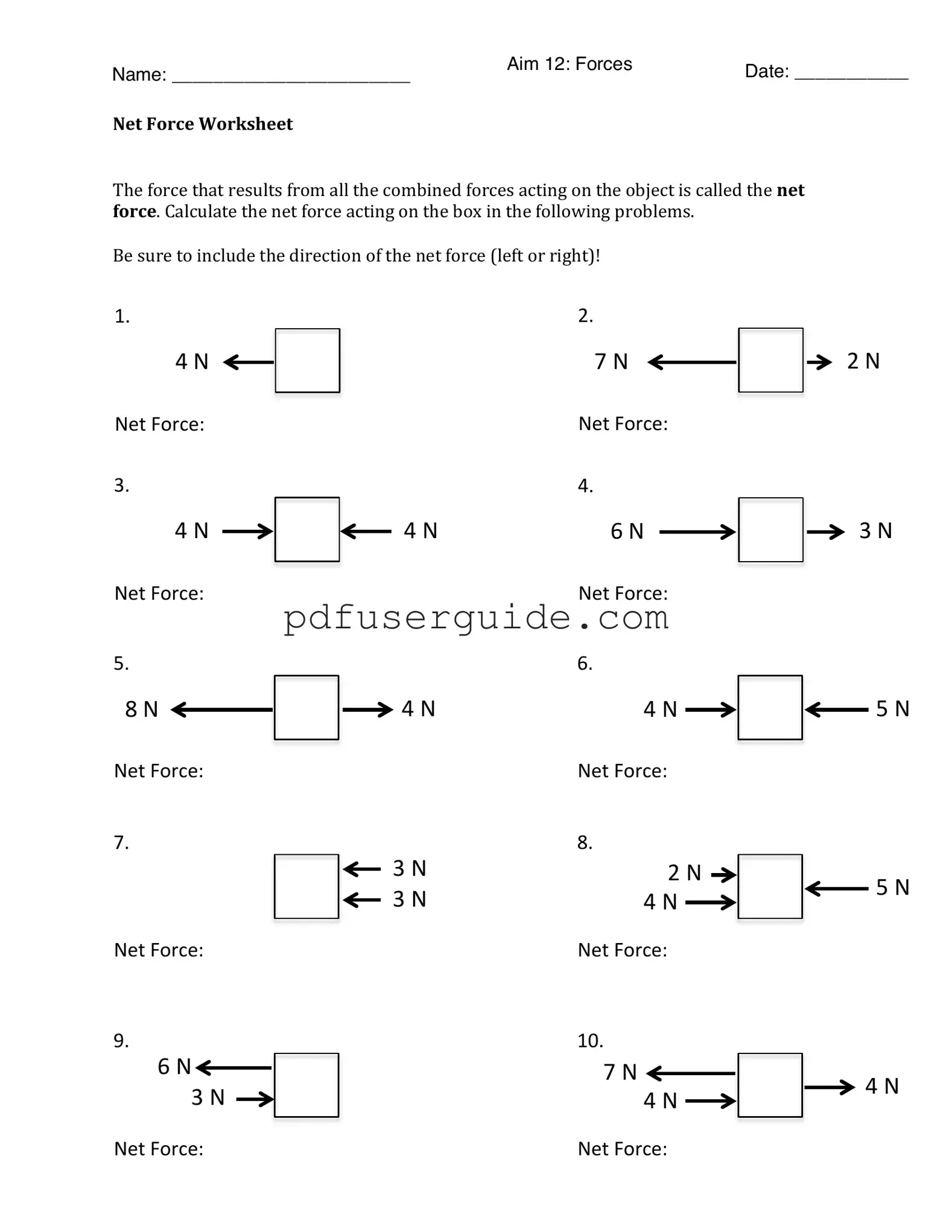 Free Net Force Worksheet Form in PDF