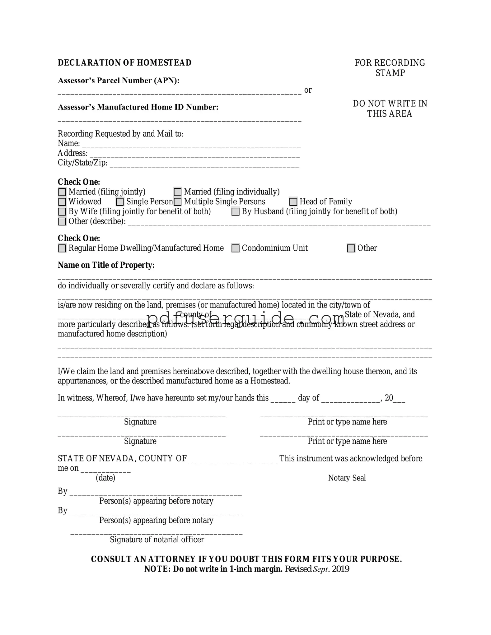 Free Nevada Homestead Form in PDF