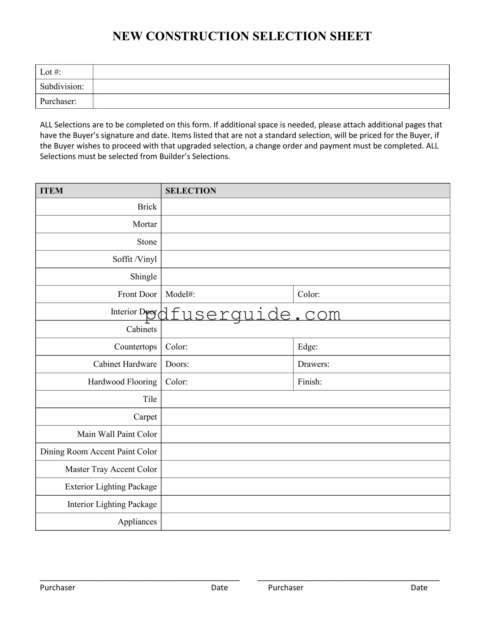 Free New Construction Selection Sheet Form in PDF