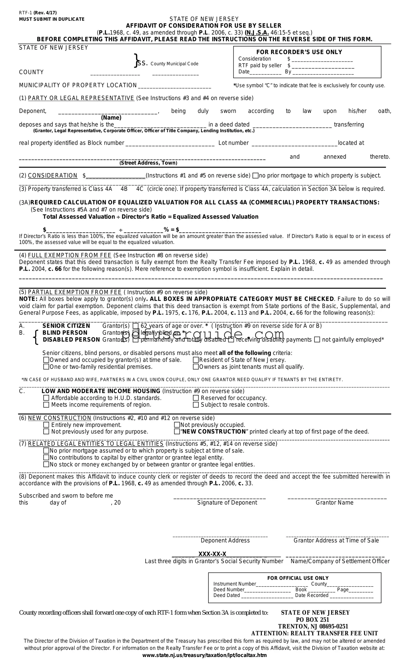 Free New Jersey Affidavit of Consideration RTF-1 Form in PDF