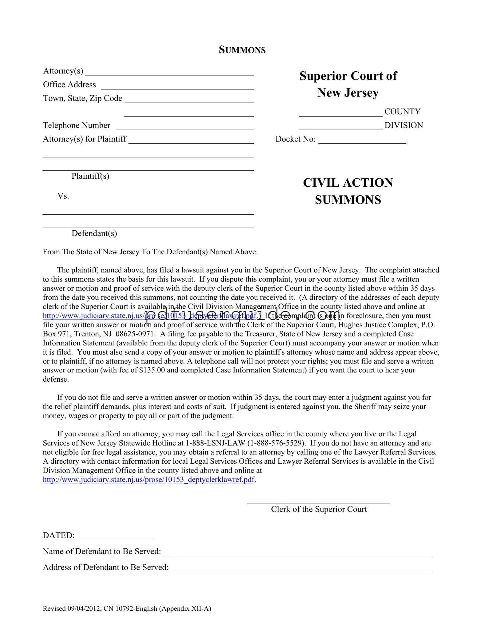 Free New Jersey Summons Form in PDF