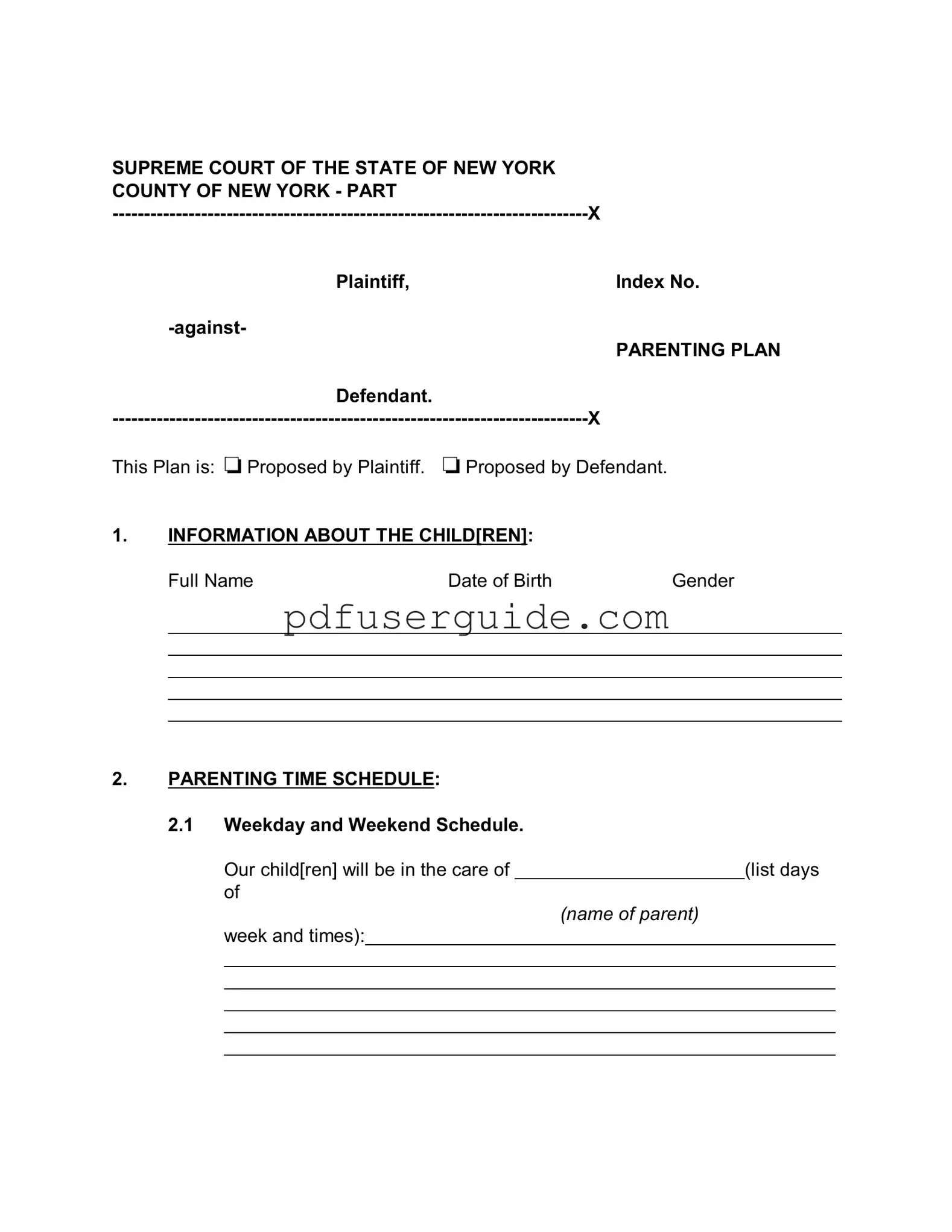 Free New York Parenting Plan Form in PDF