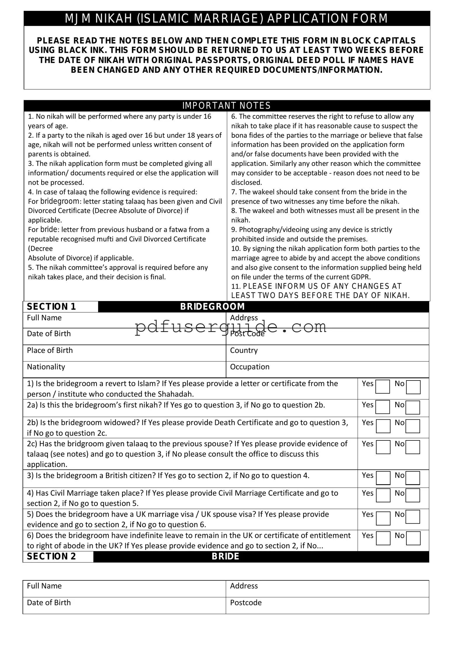 Free Nikah Islamic Marriage Certificate Form in PDF