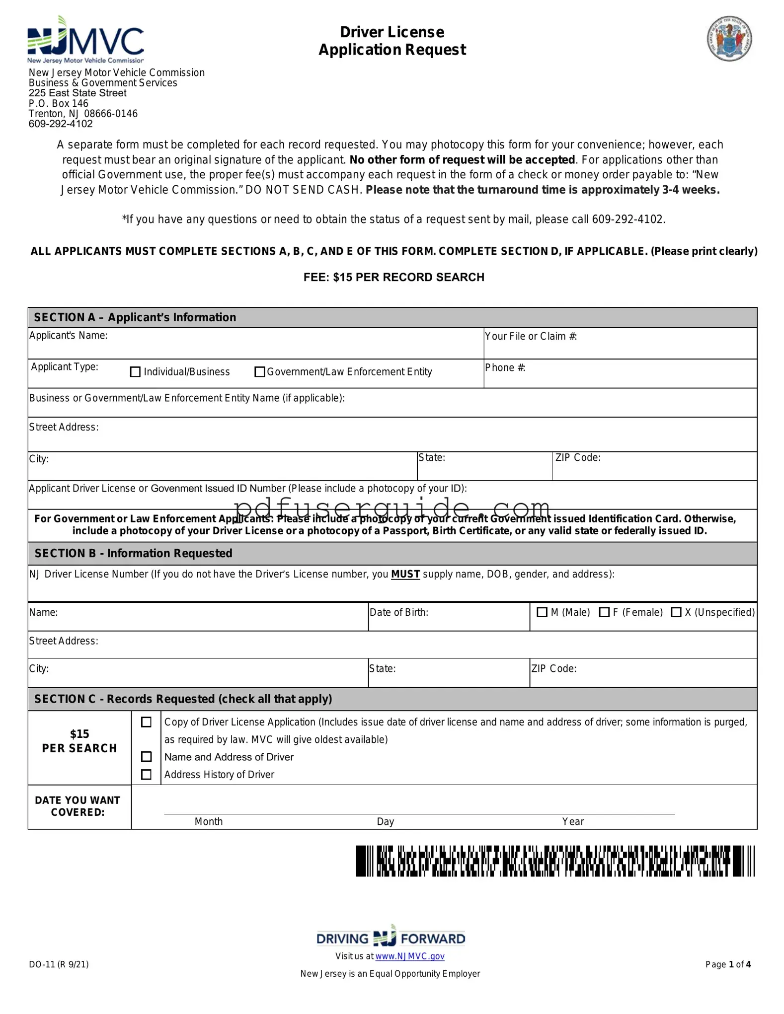 Free Nj Driver License Application Request Form in PDF