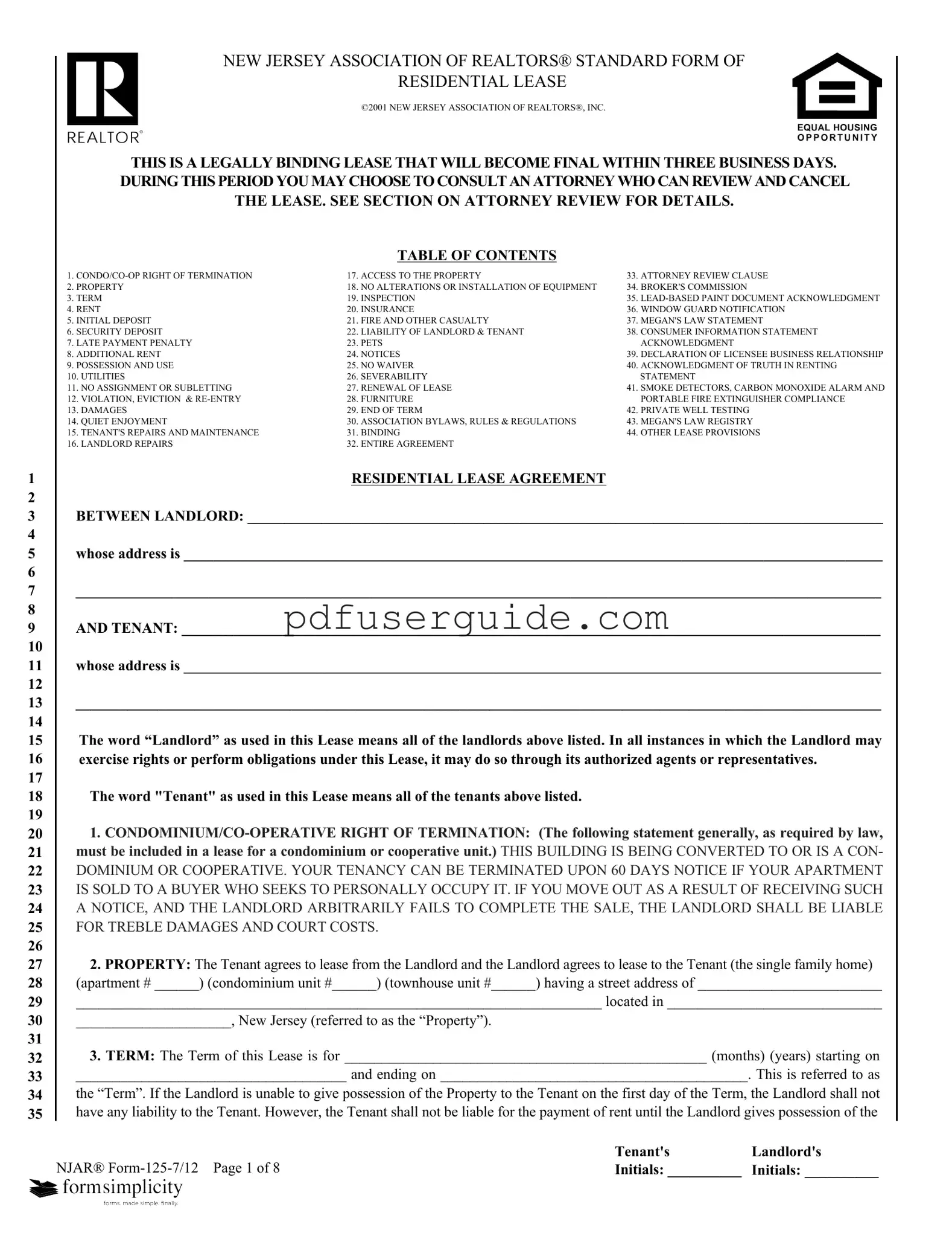 Free Njar 125 7 12 Form in PDF