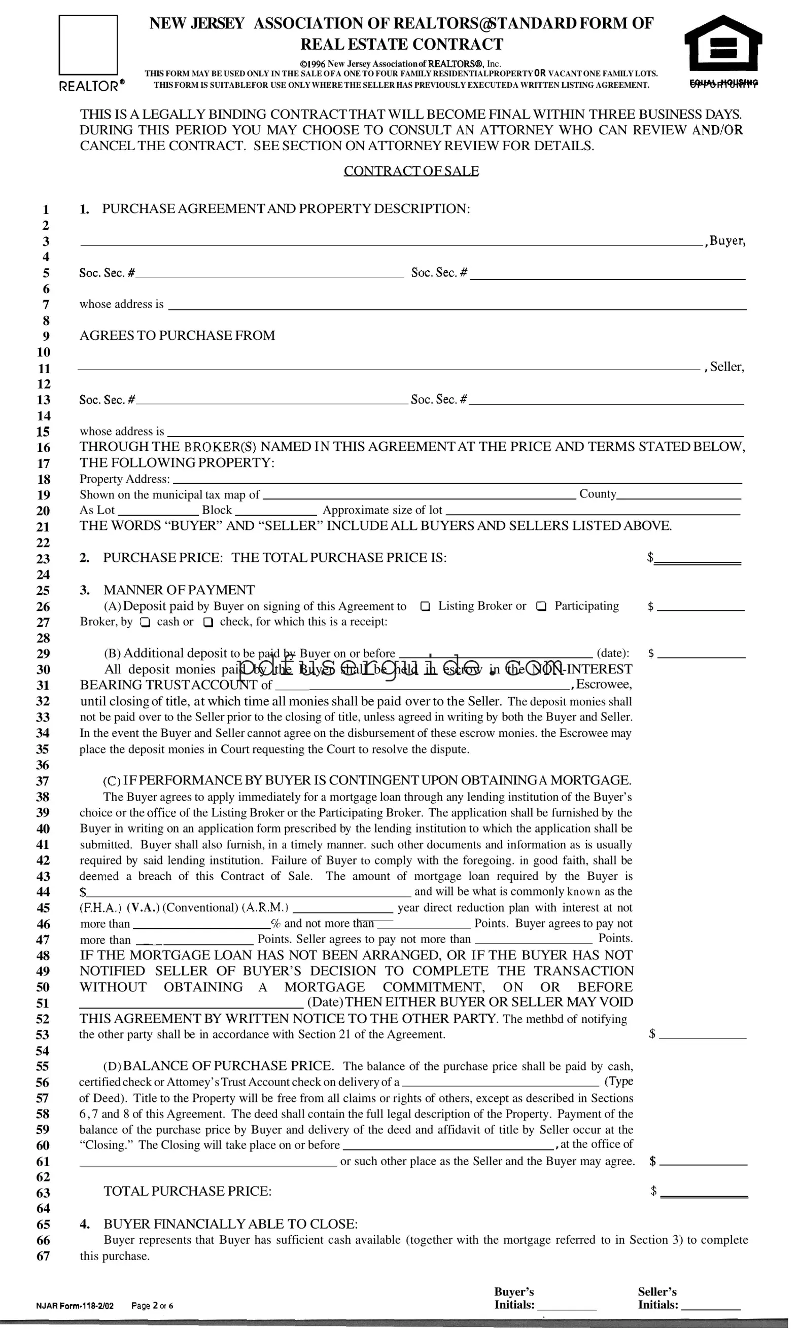 Free Njar Real Estate Contract Form in PDF
