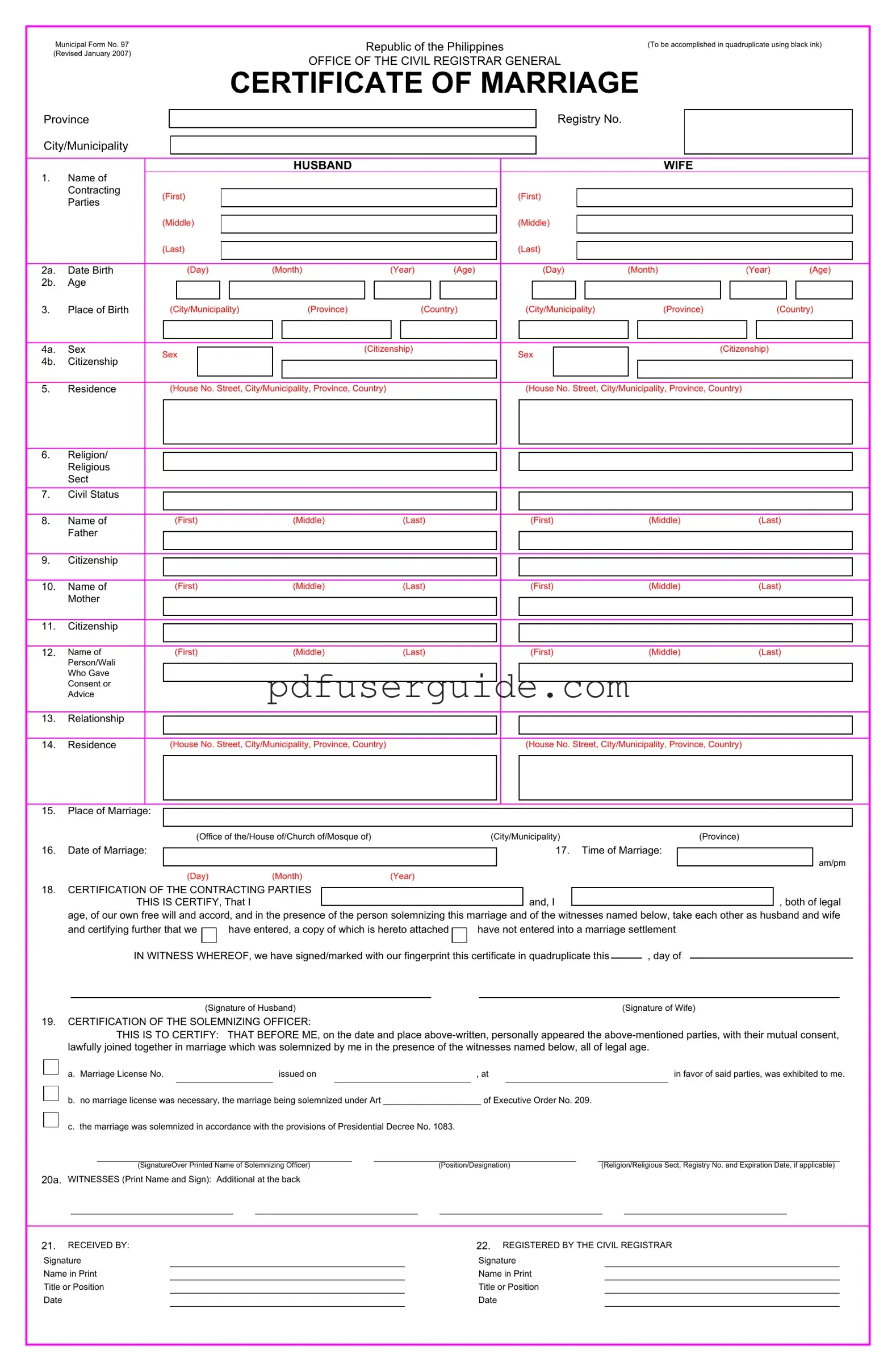 Free No 97 Marriage Form in PDF