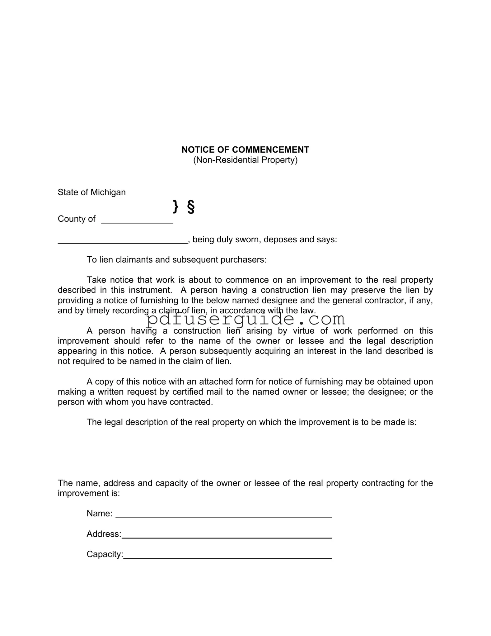 Free Notice Commencement Michigan Form in PDF