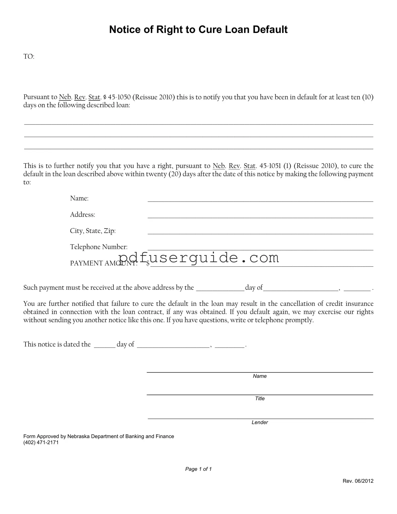 Free Notice Of Right To Cure Auto Loan Letter Form in PDF