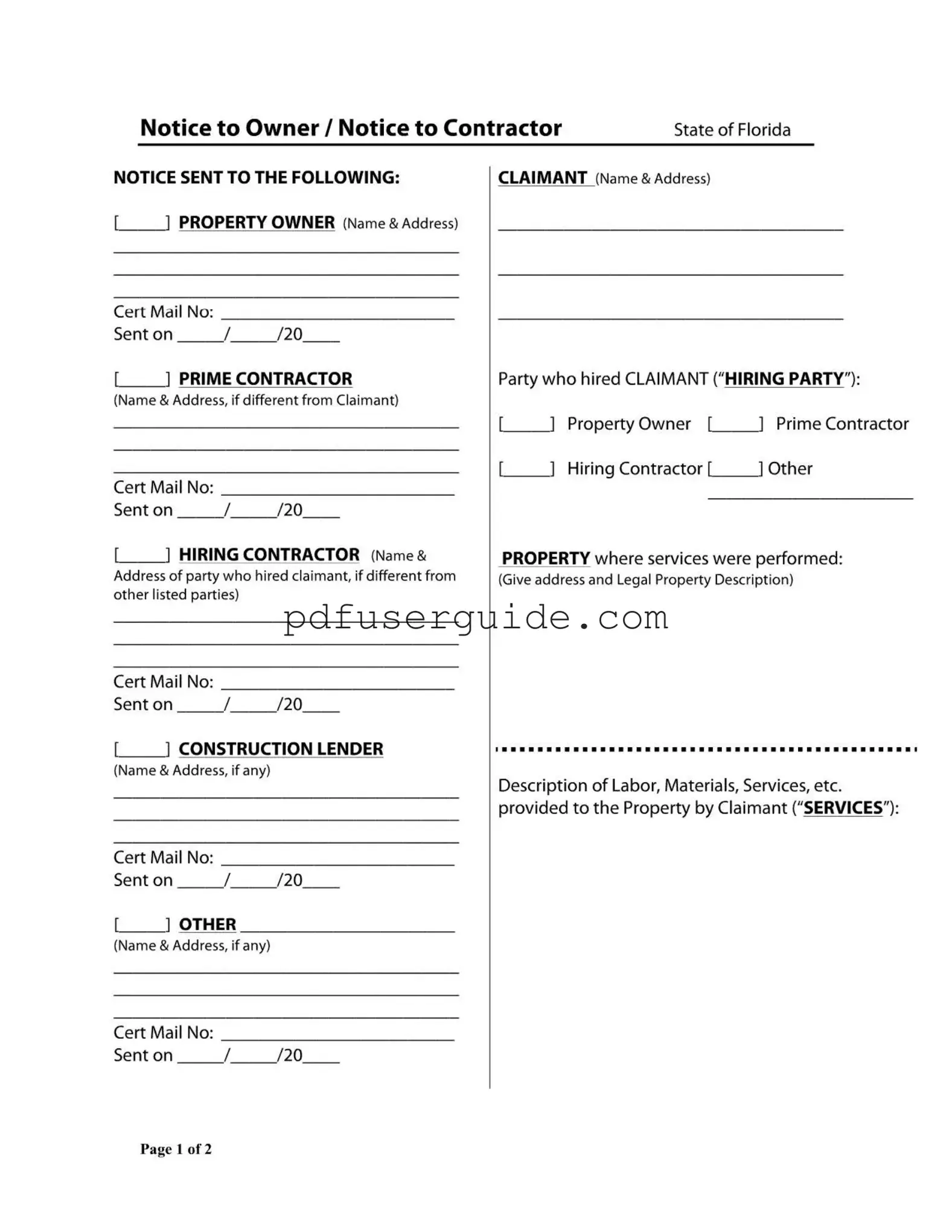 Free Notice Owner Florida Form in PDF