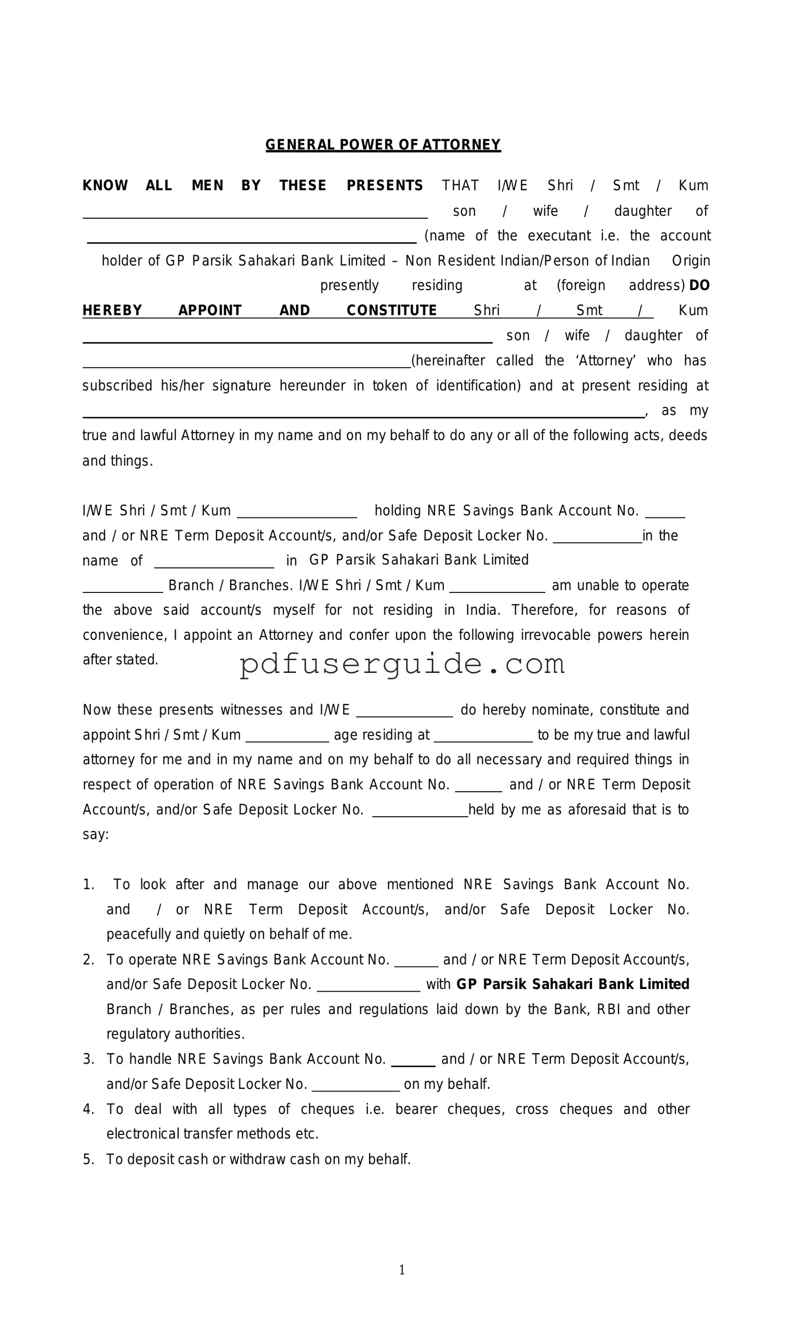 Free Nri Power Of Attorney Format Form in PDF