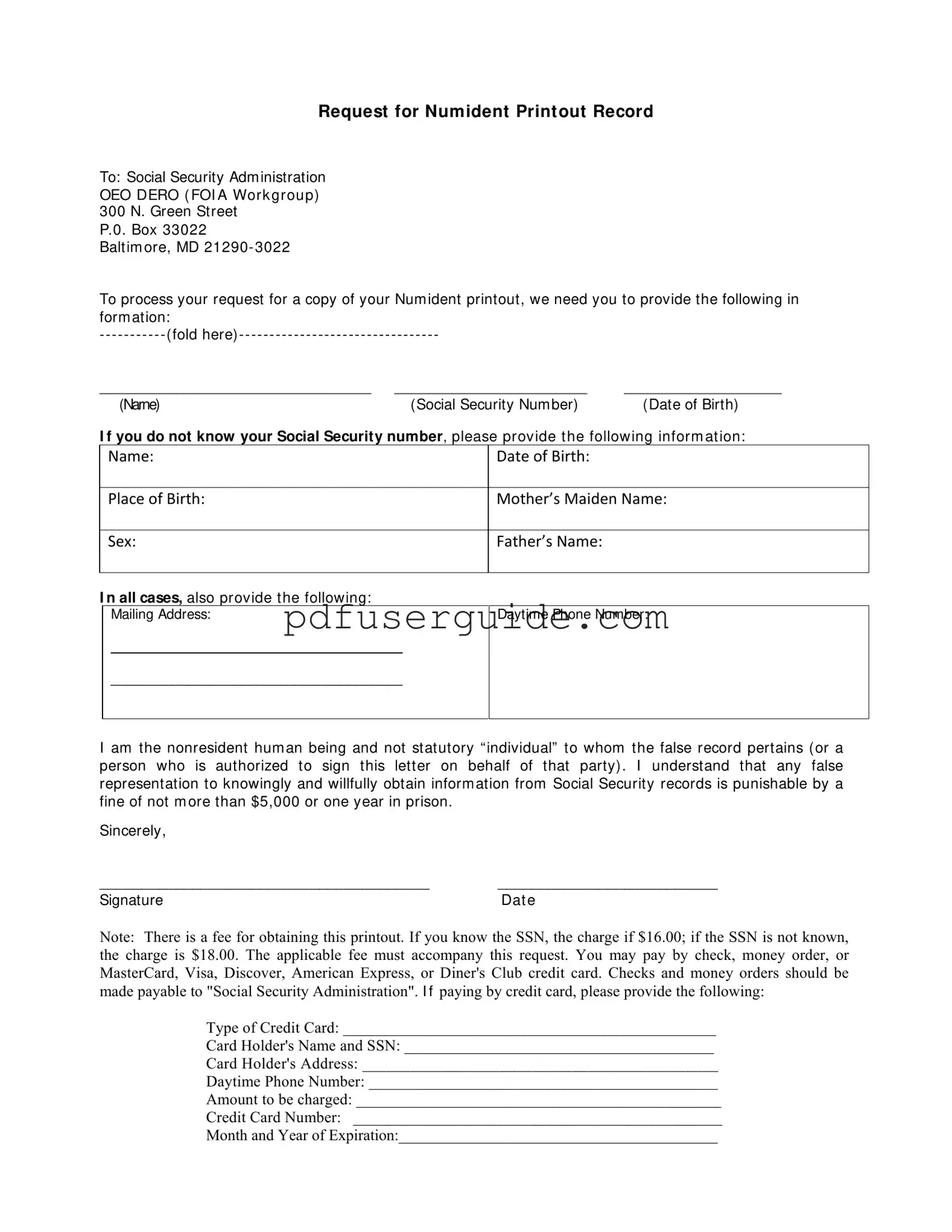 Free Numident Printout Form in PDF
