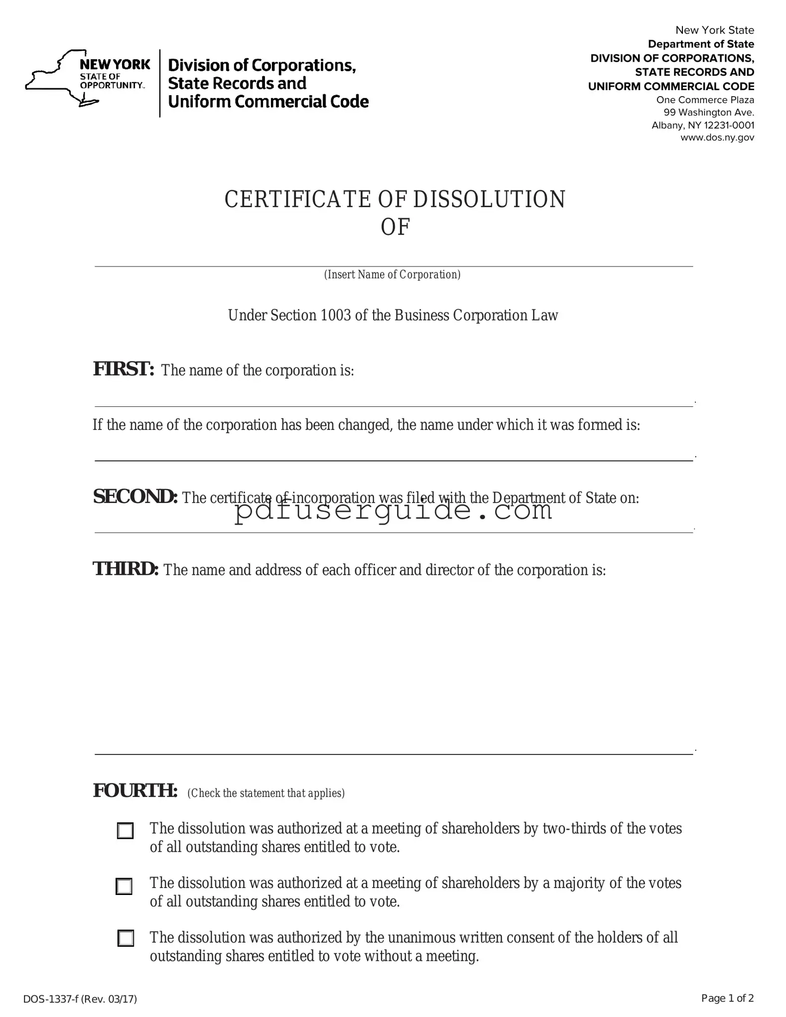 Free Ny Dissolution Certificate Form in PDF