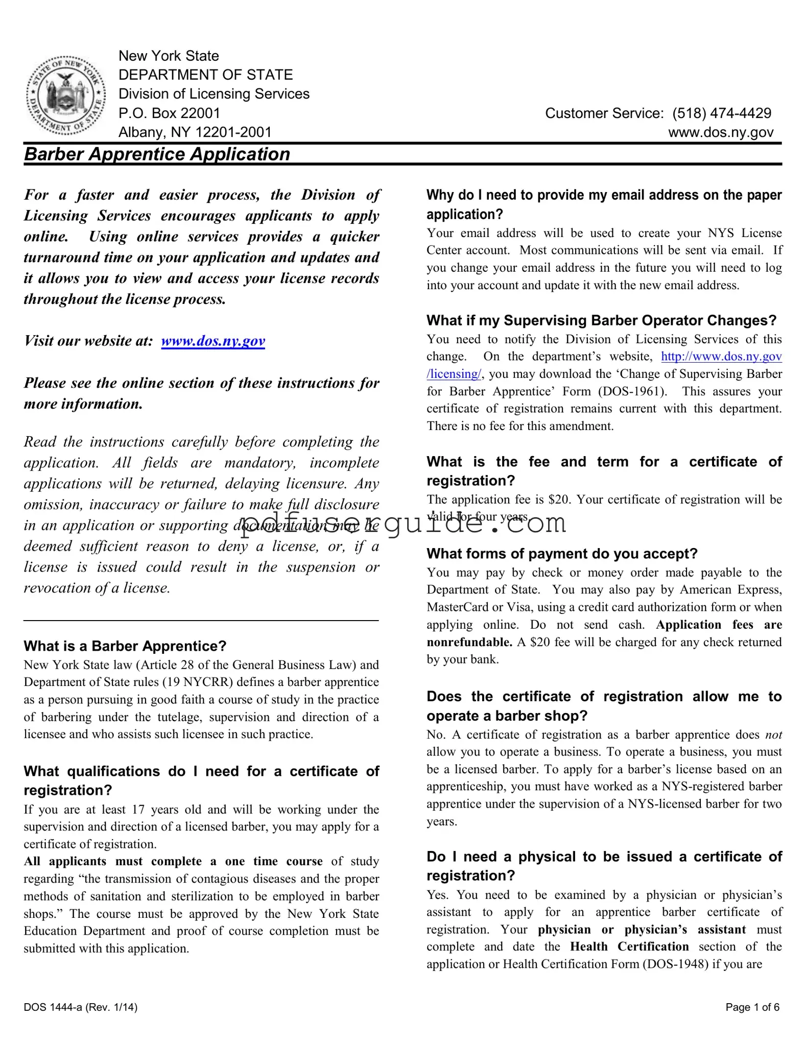 Free Nys Barber Apprentice Form in PDF