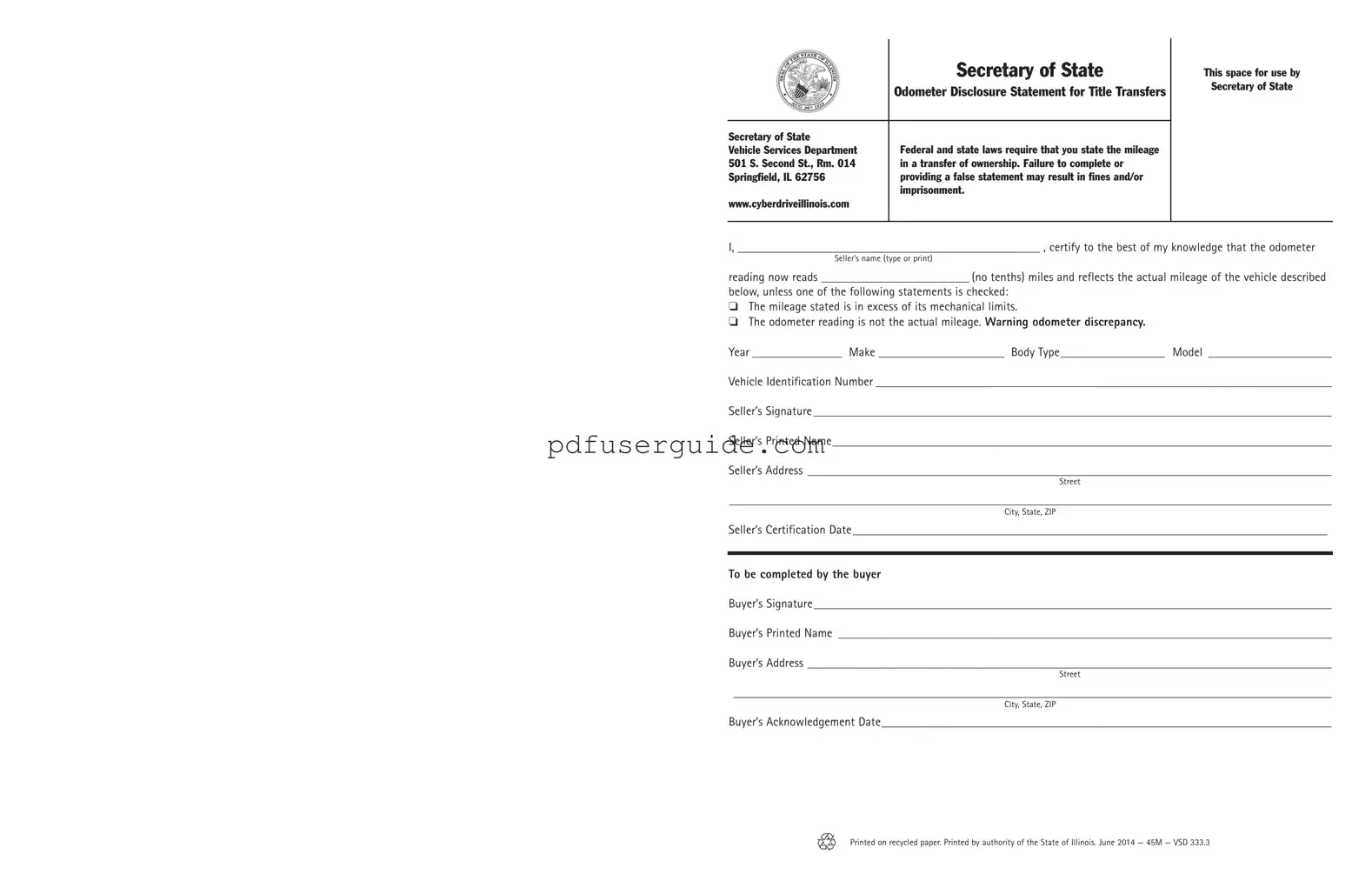 Free Odometer Statement For Illinois Form in PDF