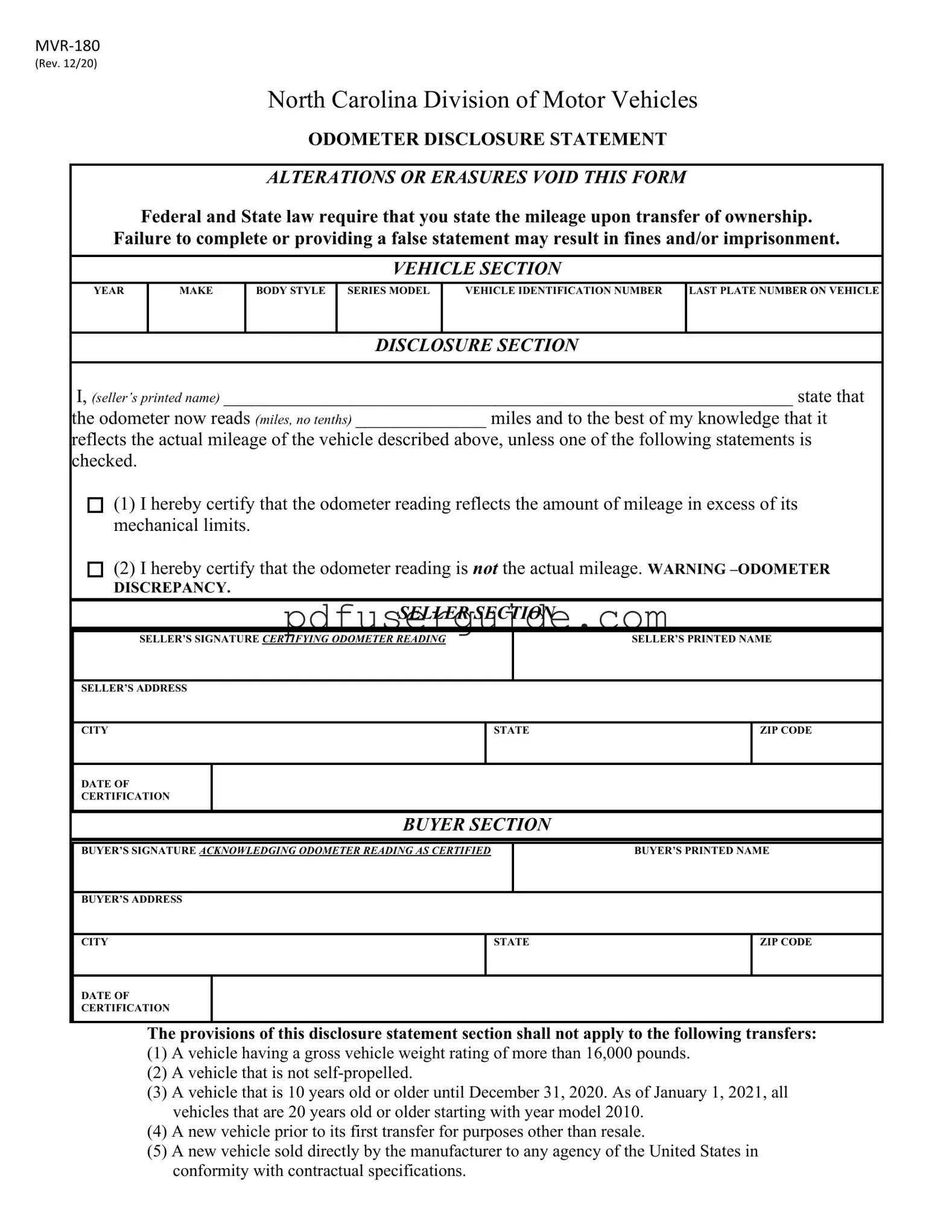 Free Odometer Statement Mvr 180 Form in PDF