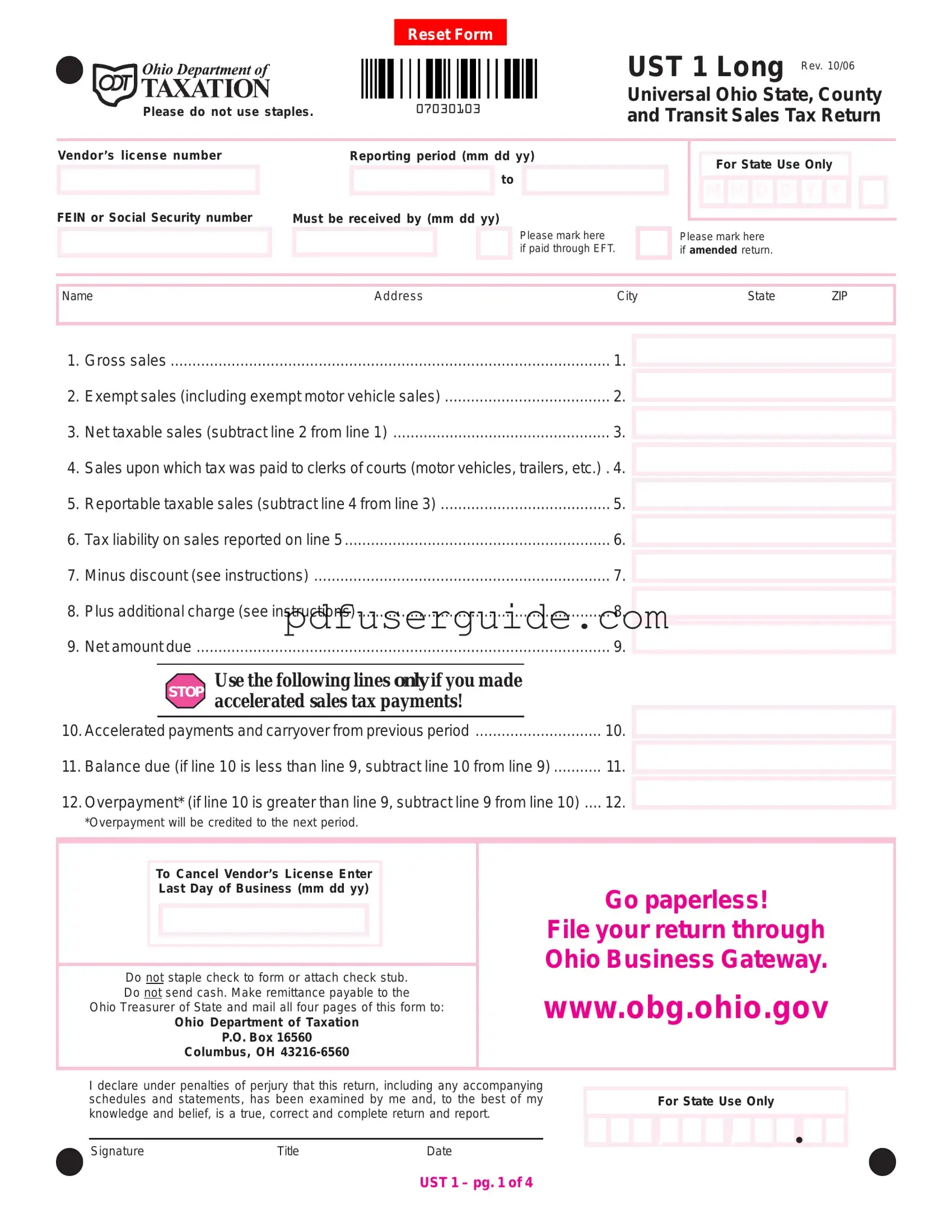 Free Ohio Sales Tax Ust 1 Form in PDF